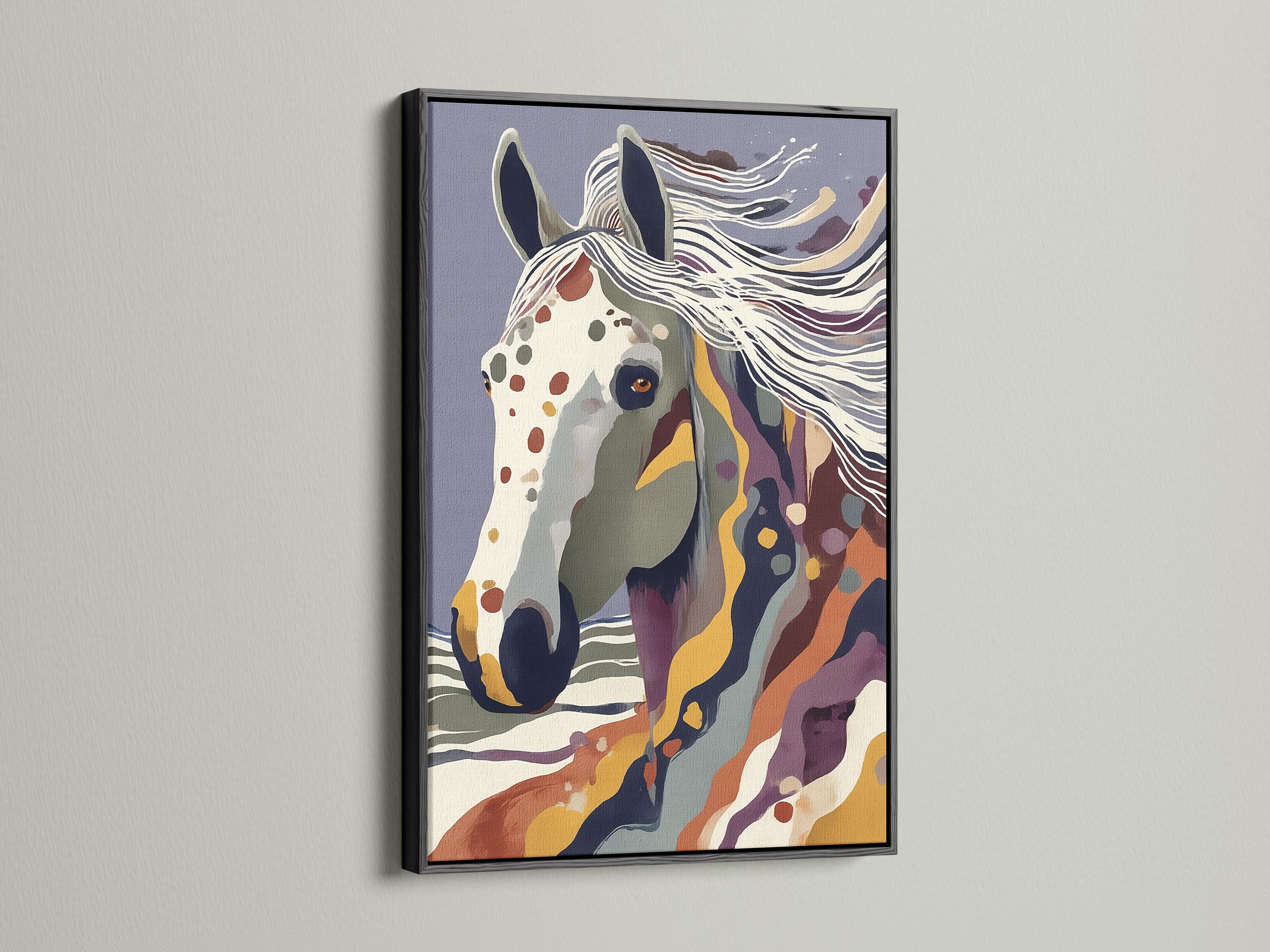 Stylised horse portrait with flowing stripes in blue, purple, cream and gold tones detail view