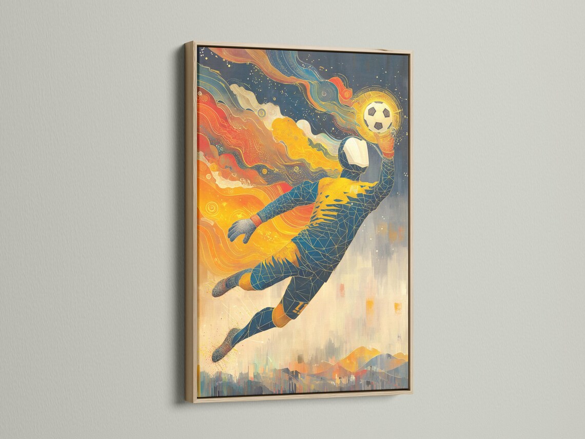 Stylised geometric football goalkeeper diving with a floating ball motif in navy, gold and red detail view