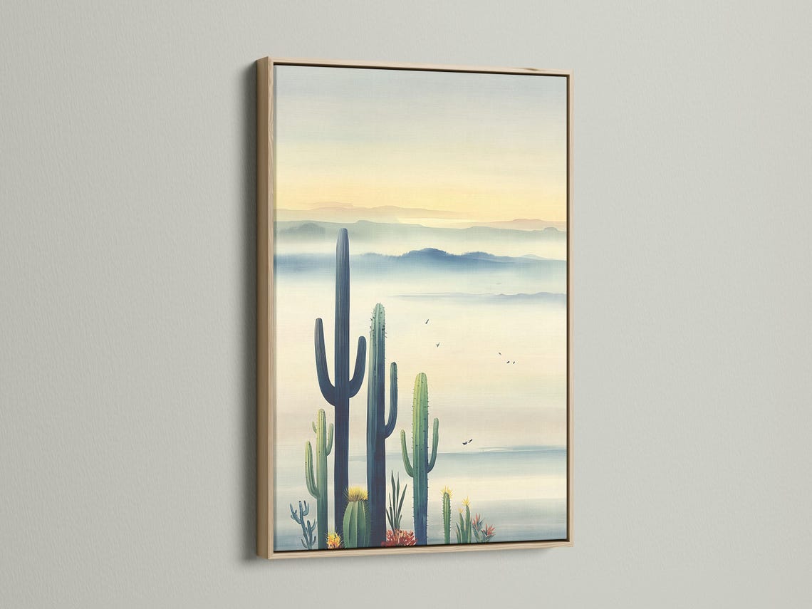 Illustrated desert landscape with tall cactus silhouettes, hazy blue distance layers and small birds detail view