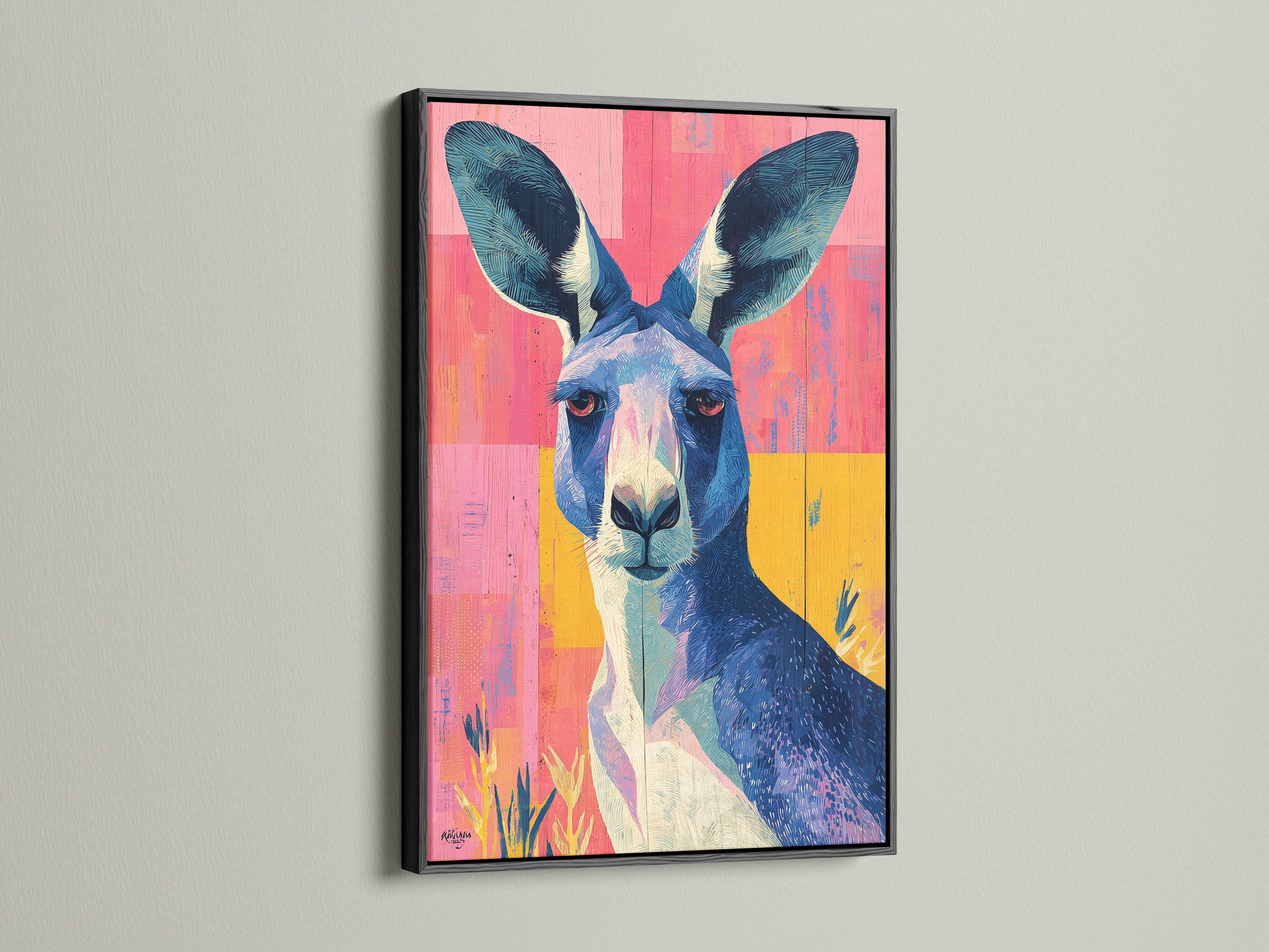 Stylised kangaroo portrait in deep blue and cream on a hot pink and yellow colour-block background detail view