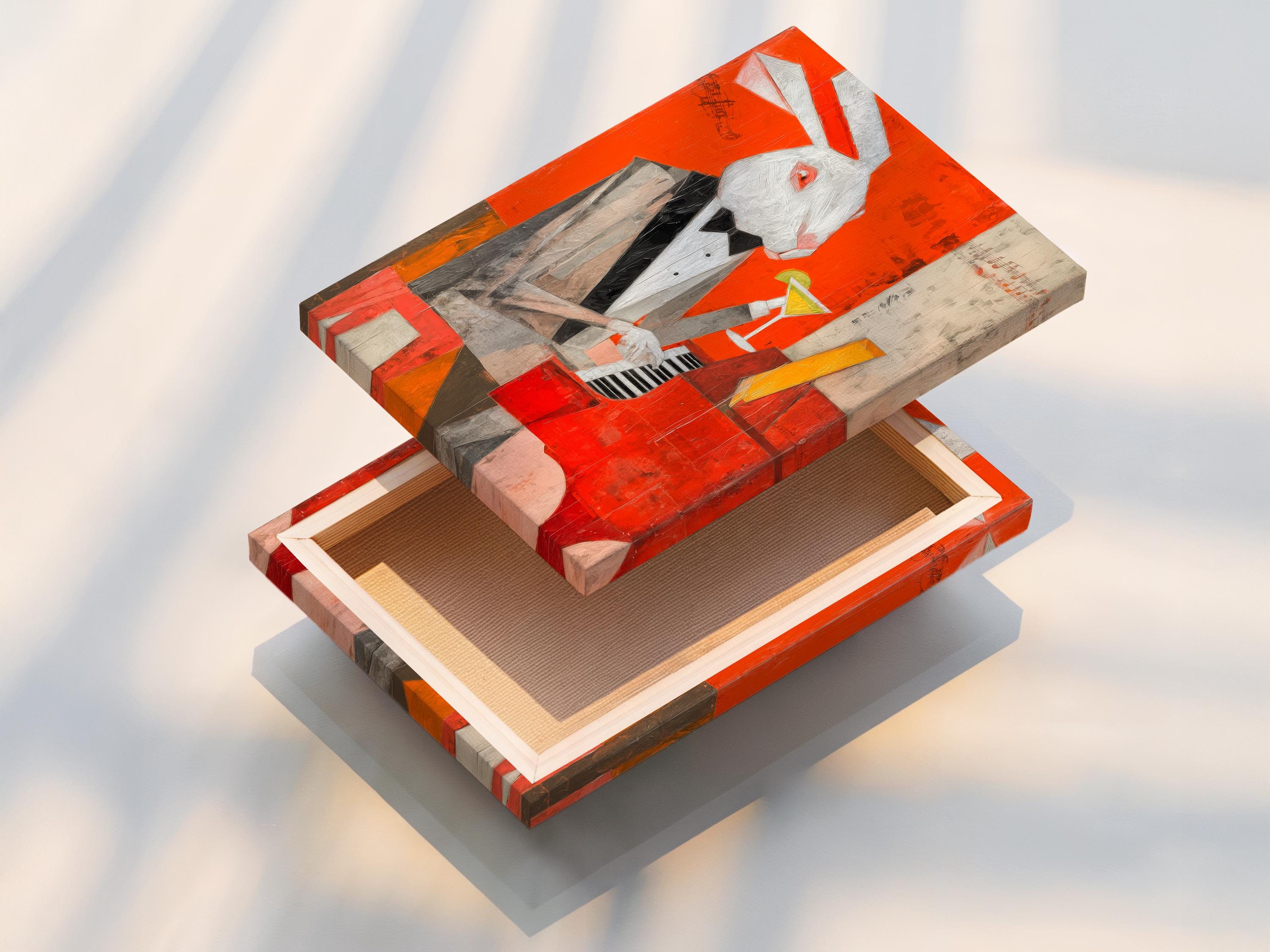 Orange artwork of a rabbit pianist holding a martini beside a piano with music notes detail view