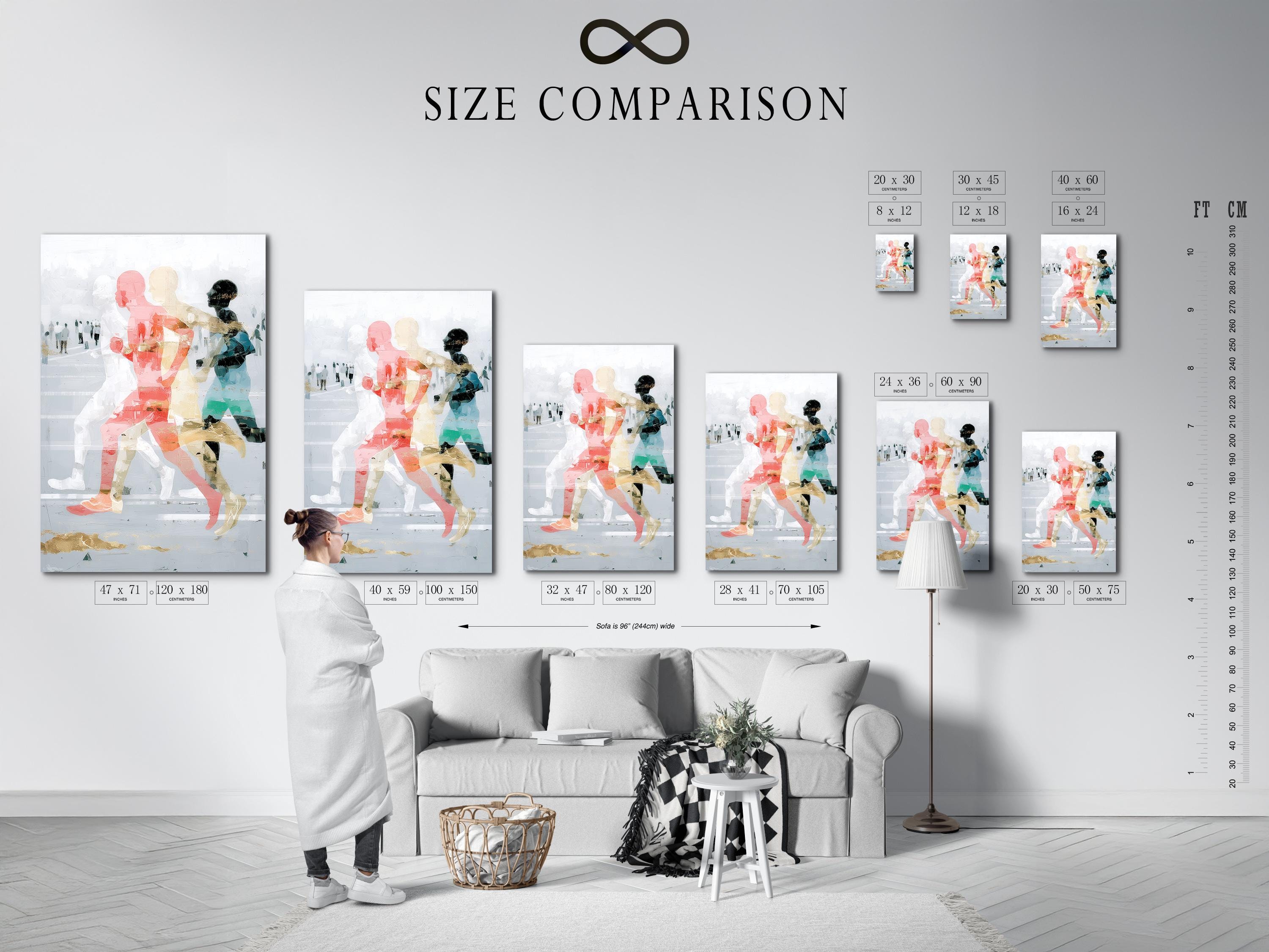 Room mockup featuring a framed abstract runners artwork with coral and teal figures