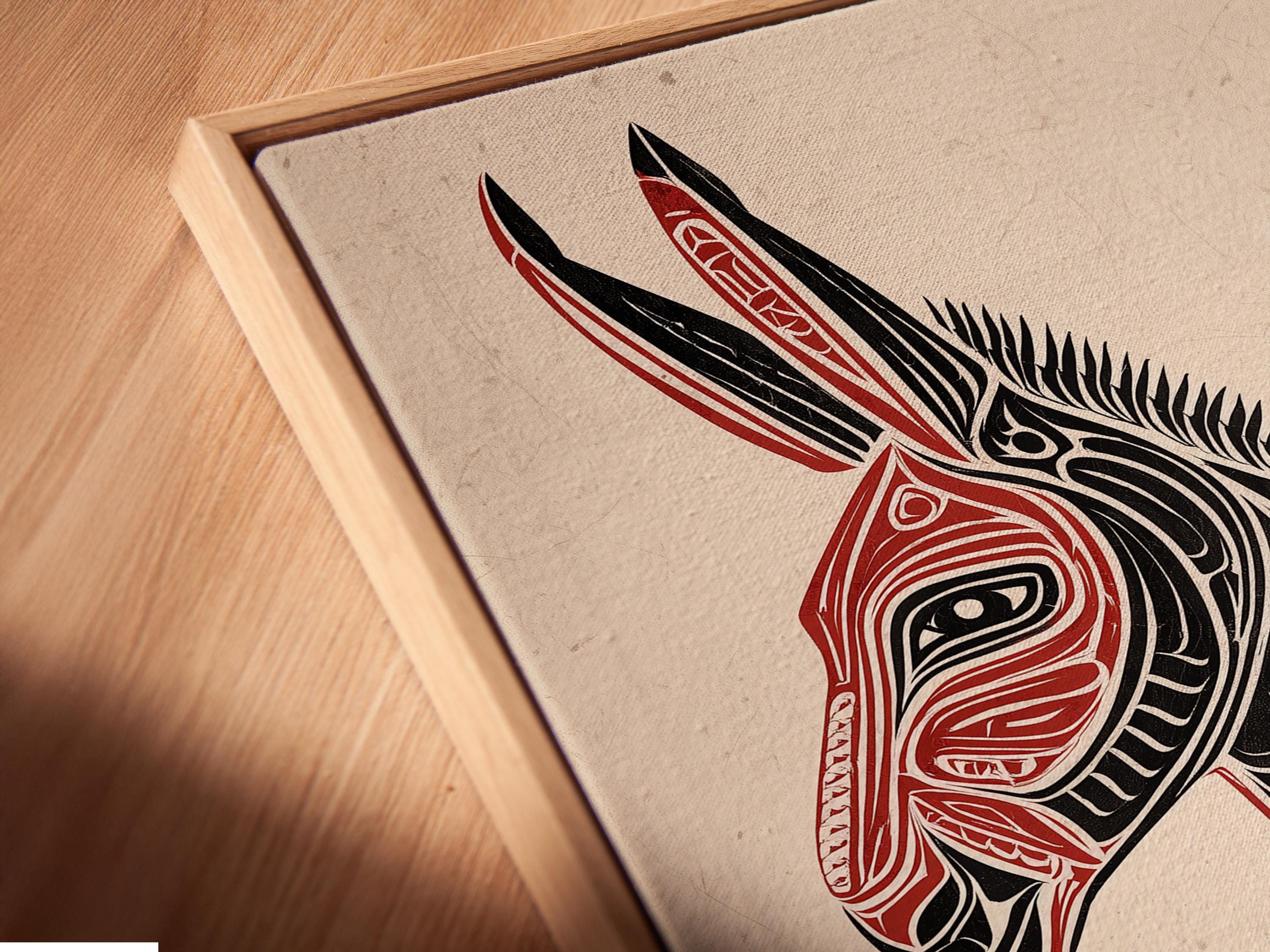 Stylised donkey illustration in black and red with patterned line details on an off-white textured background detail view