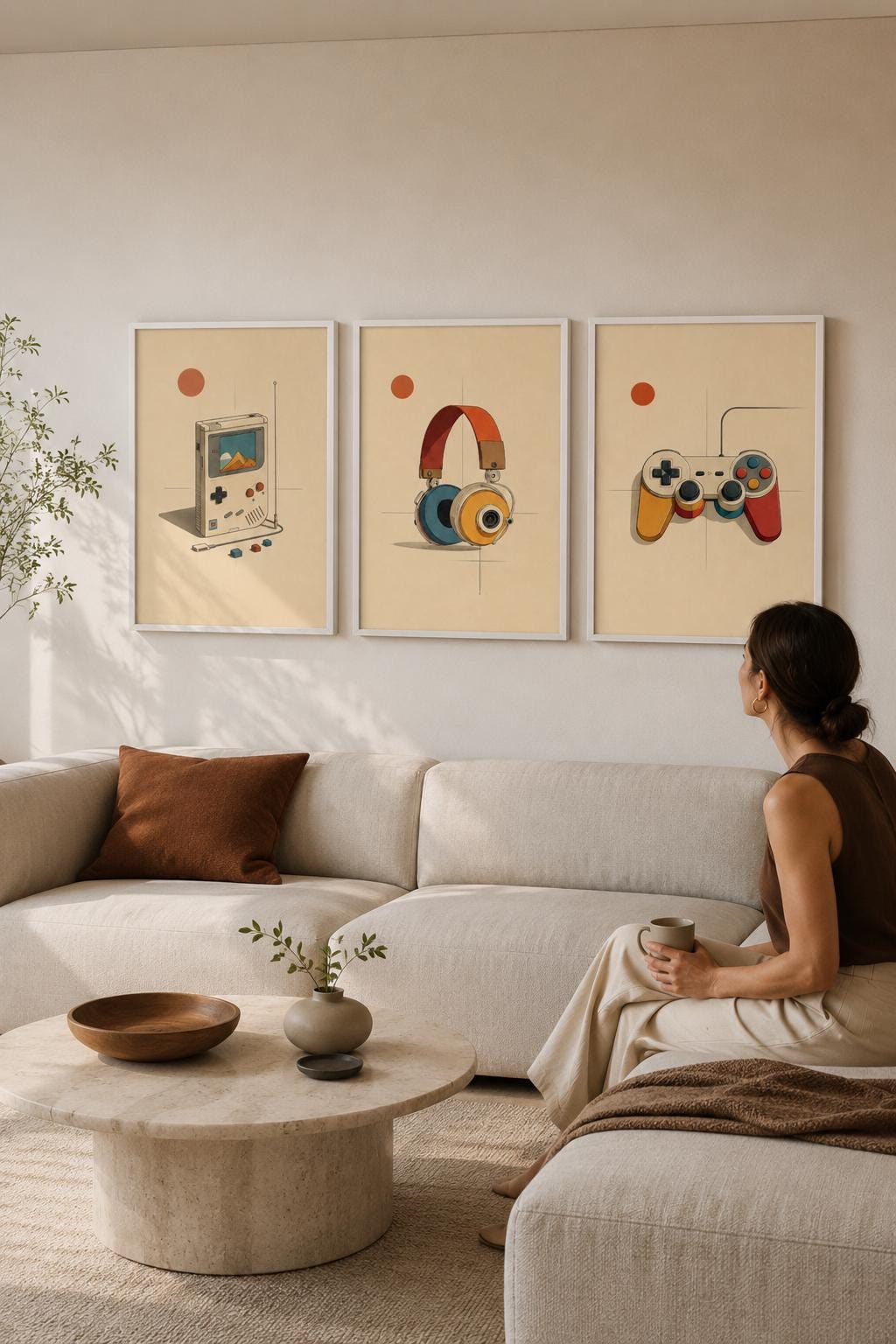Room mockup with three retro gaming prints on the wall above a sofa