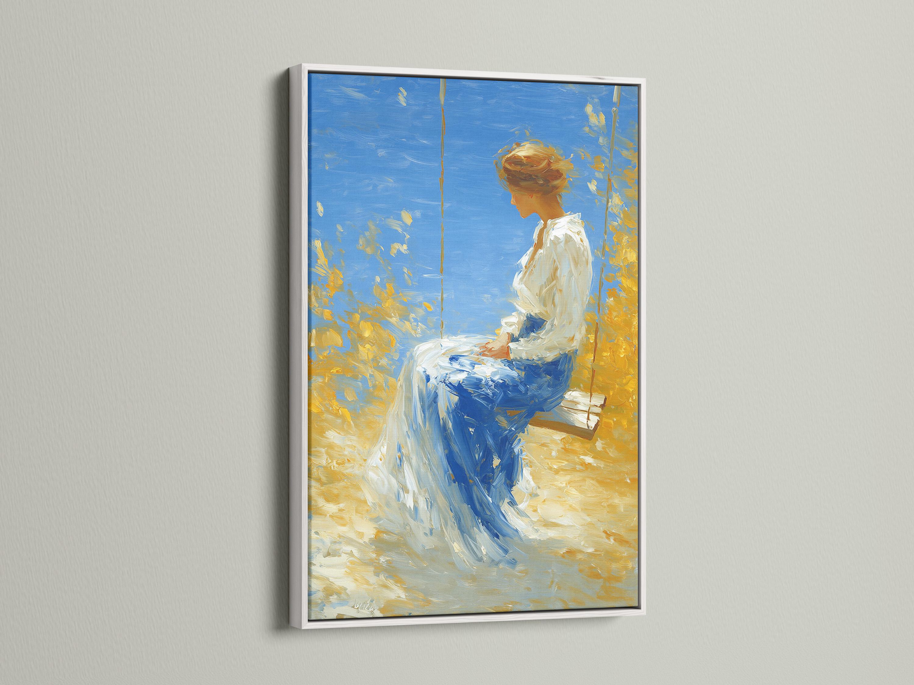 Painterly woman on a swing in blue and gold tones under a bright sky detail view