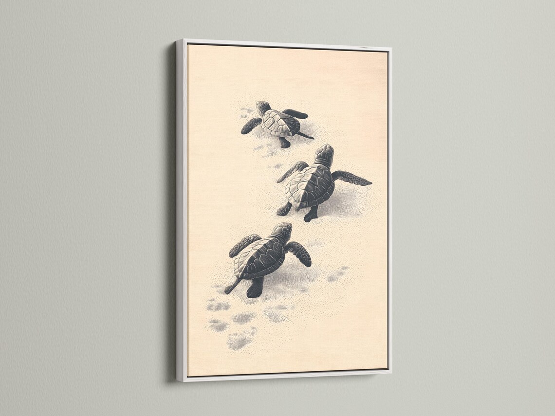 Illustrated sea turtles in charcoal tones on a warm beige background with dotted sand texture detail view