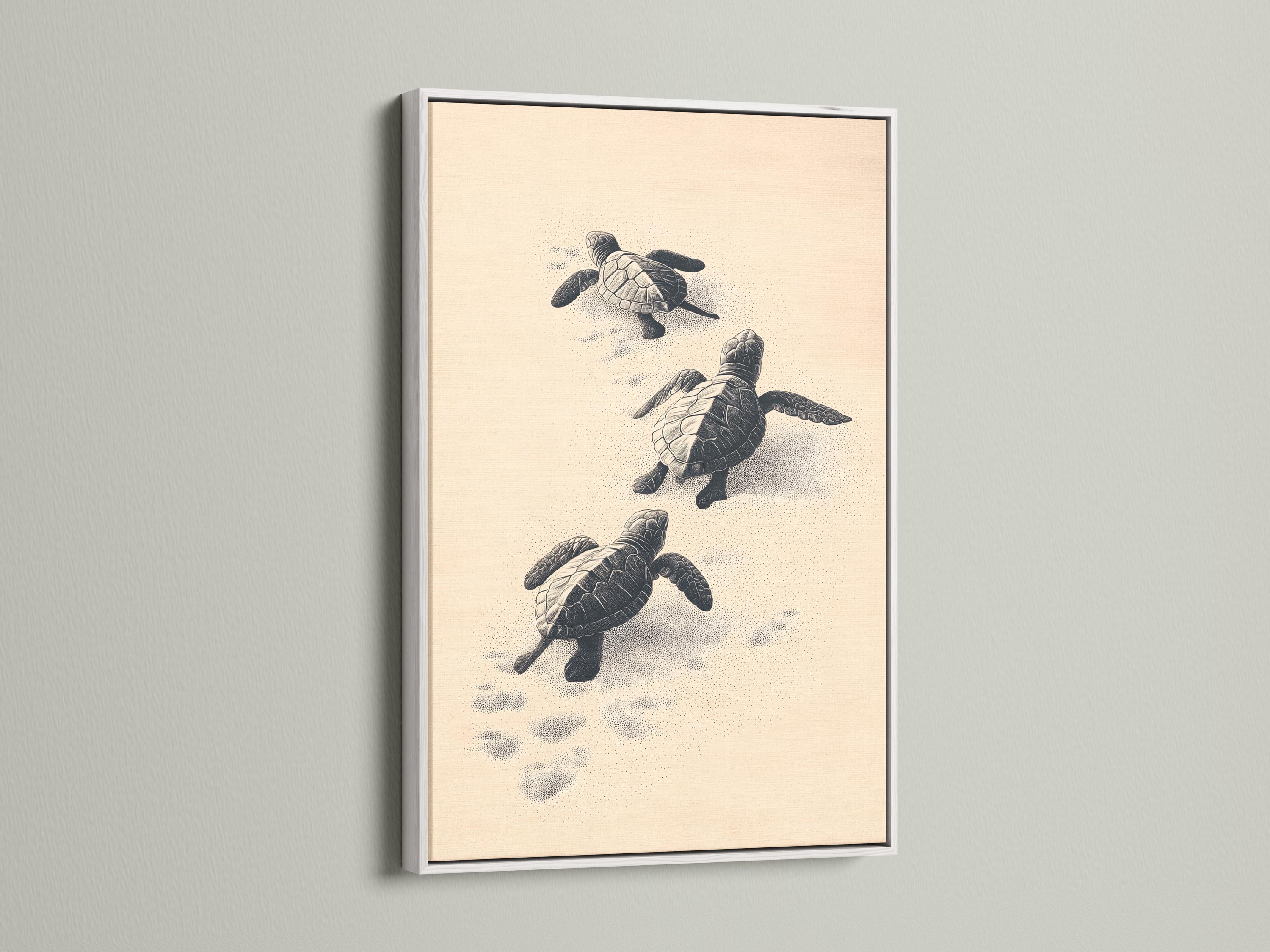 Illustrated sea turtles in charcoal tones on a warm beige background with dotted sand texture detail view