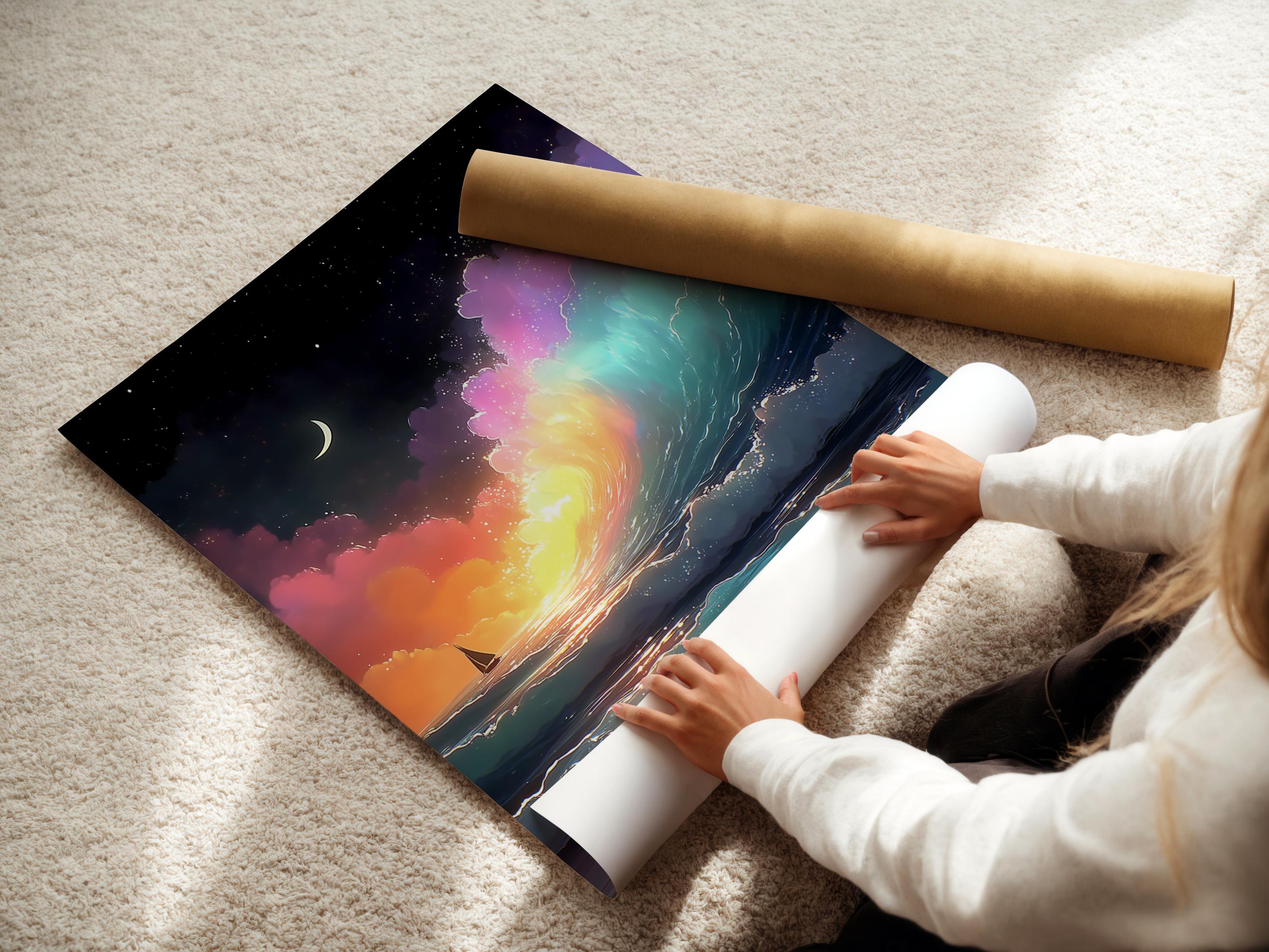 Starry night ocean with crescent moon, glowing teal and purple waves and a sailboat detail view