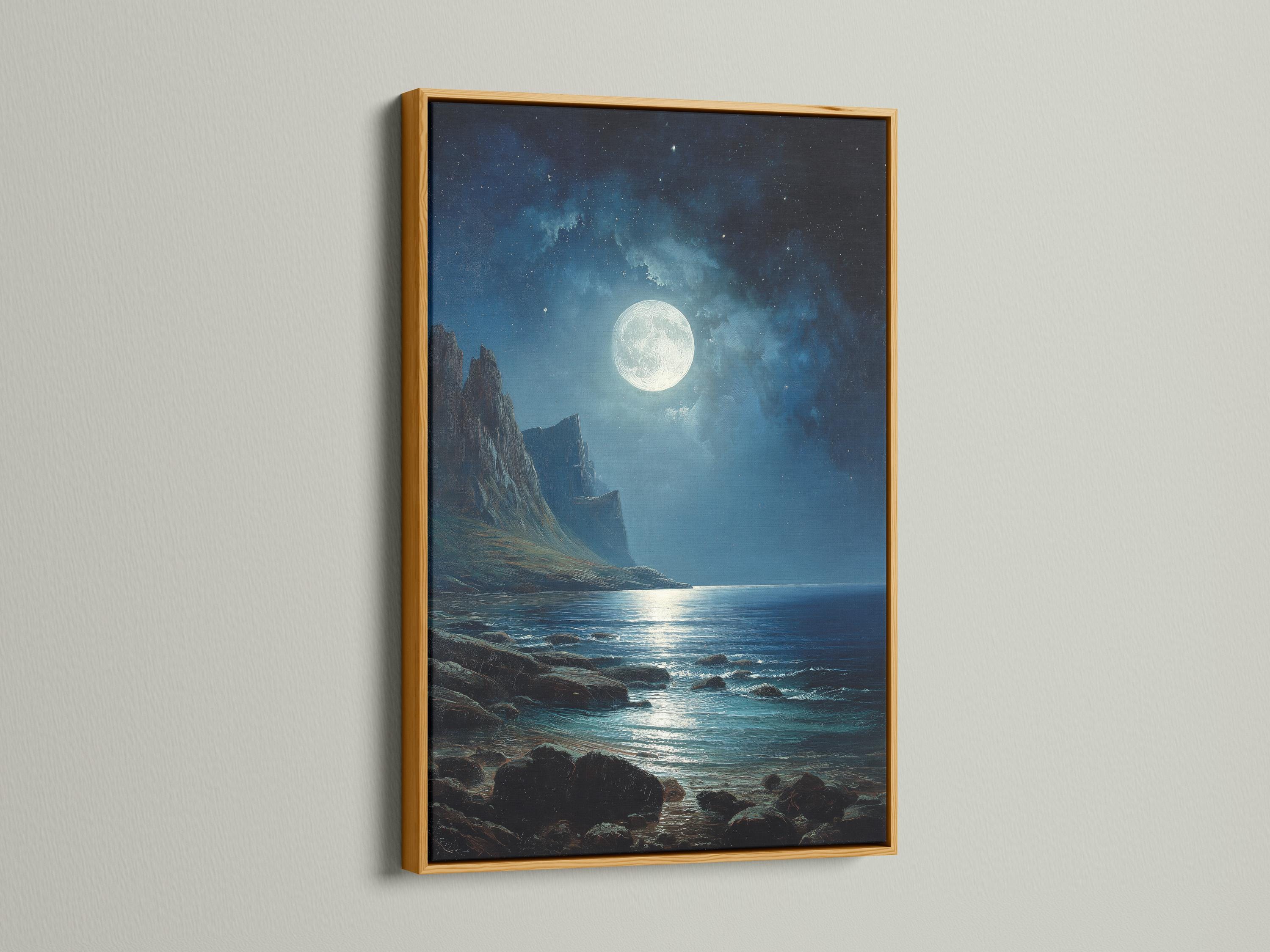 Moonlit ocean seascape with dark cliffs, starry night sky and glowing full moon detail view