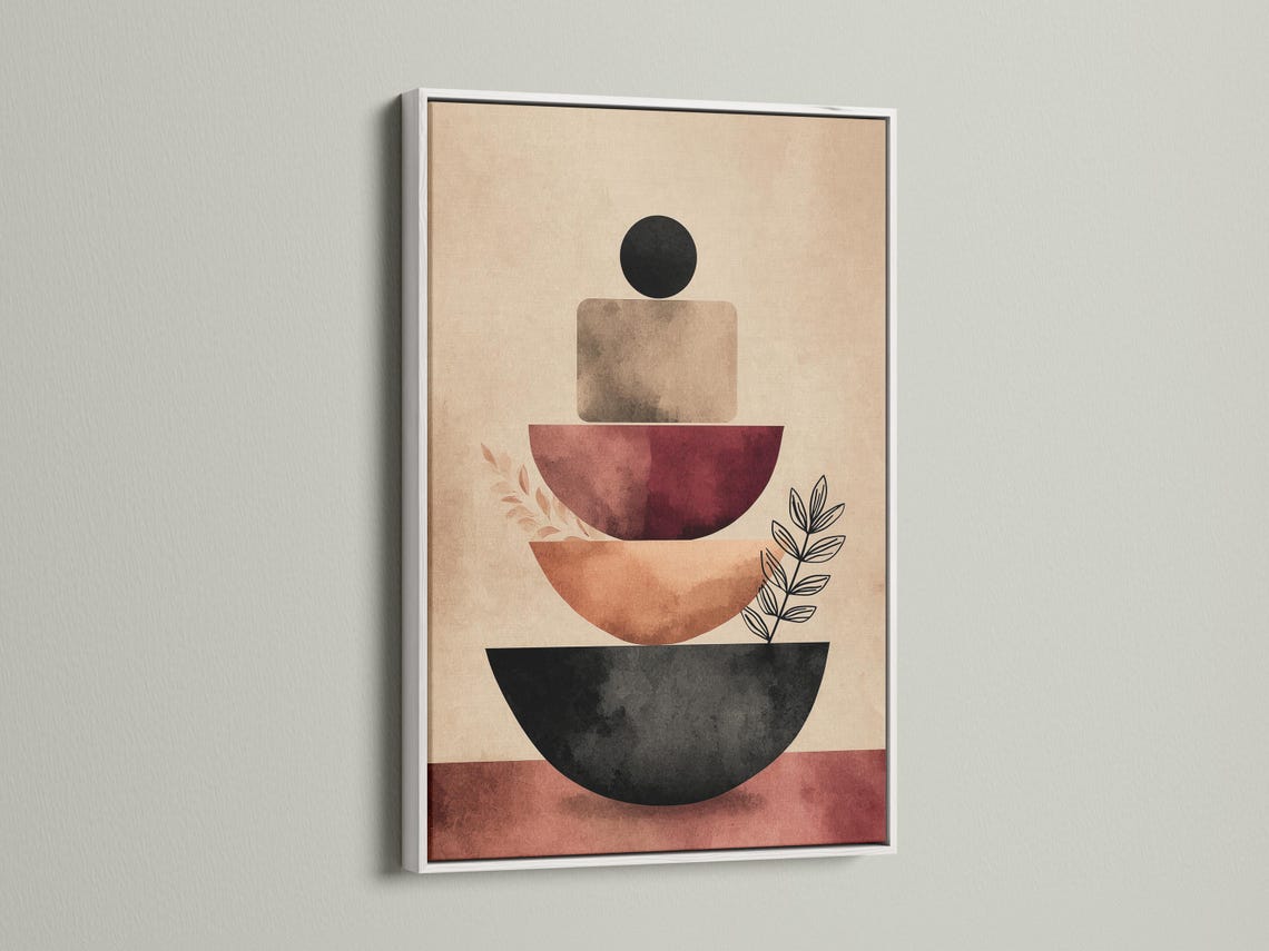 Geometric abstract artwork with stacked curved shapes in black and terracotta on a warm beige background and small leaf linework detail view
