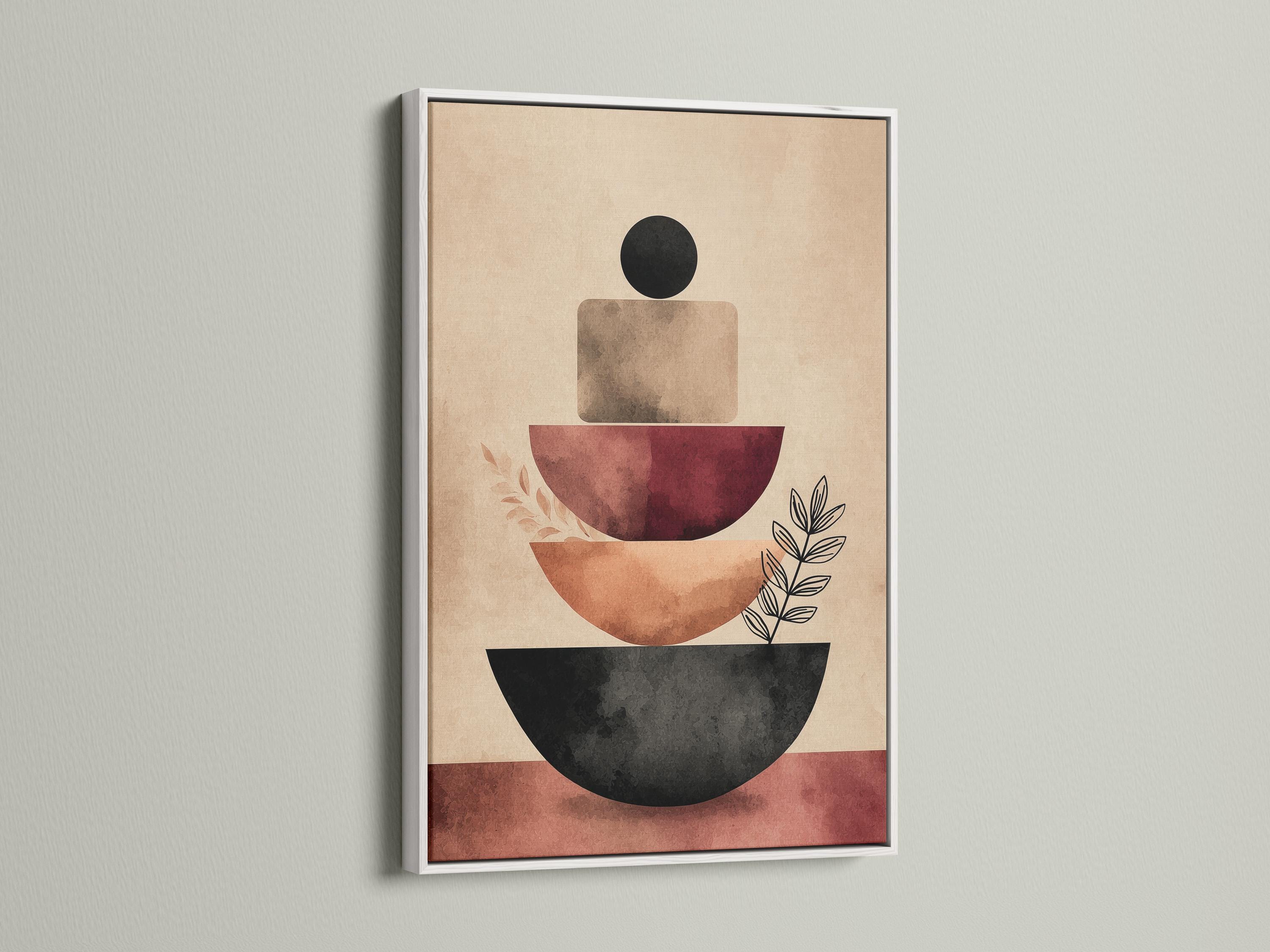 Geometric abstract artwork with stacked curved shapes in black and terracotta on a warm beige background and small leaf linework detail view