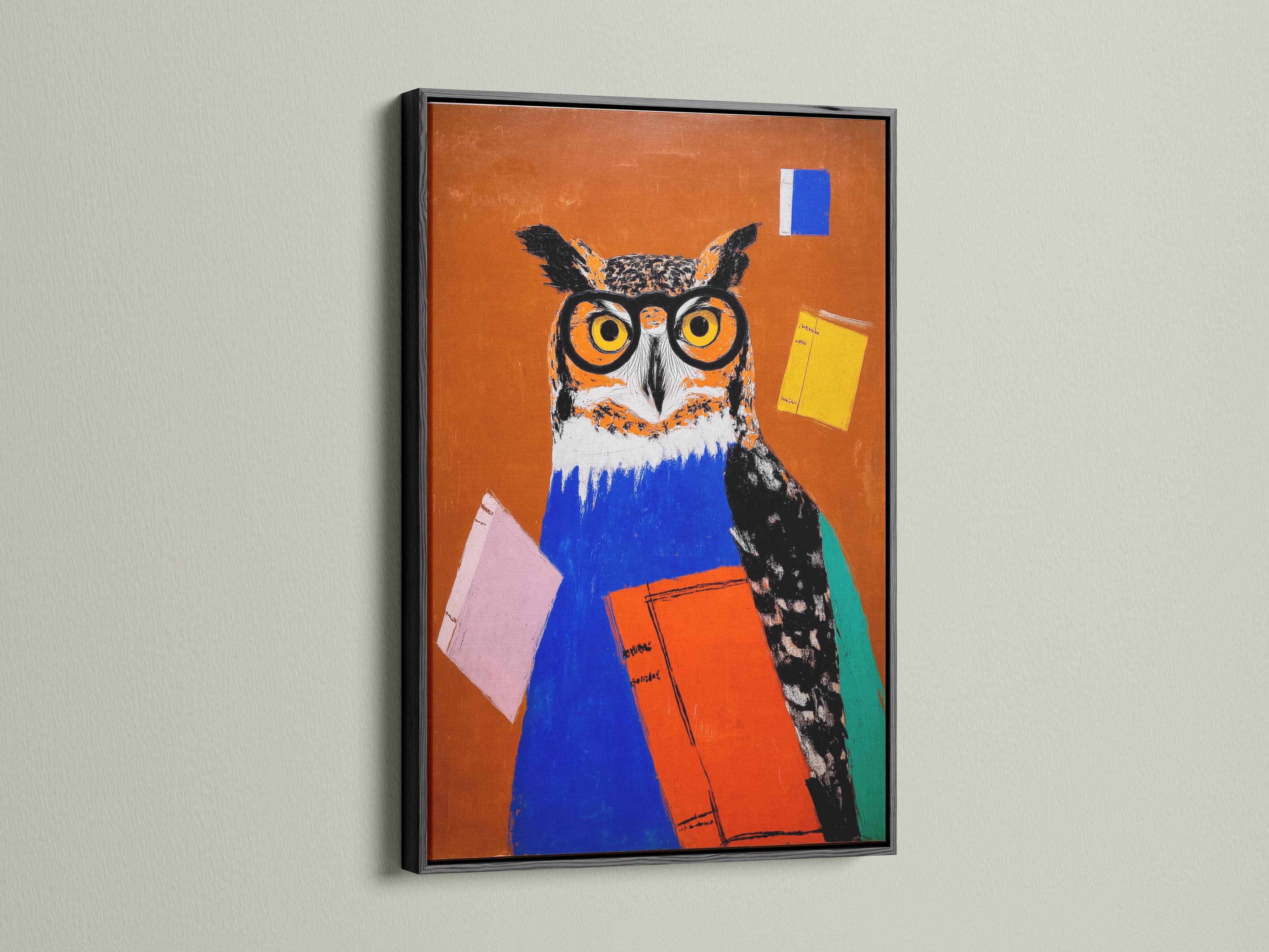Stylised owl wearing large round glasses, holding colourful books on a warm orange background detail view