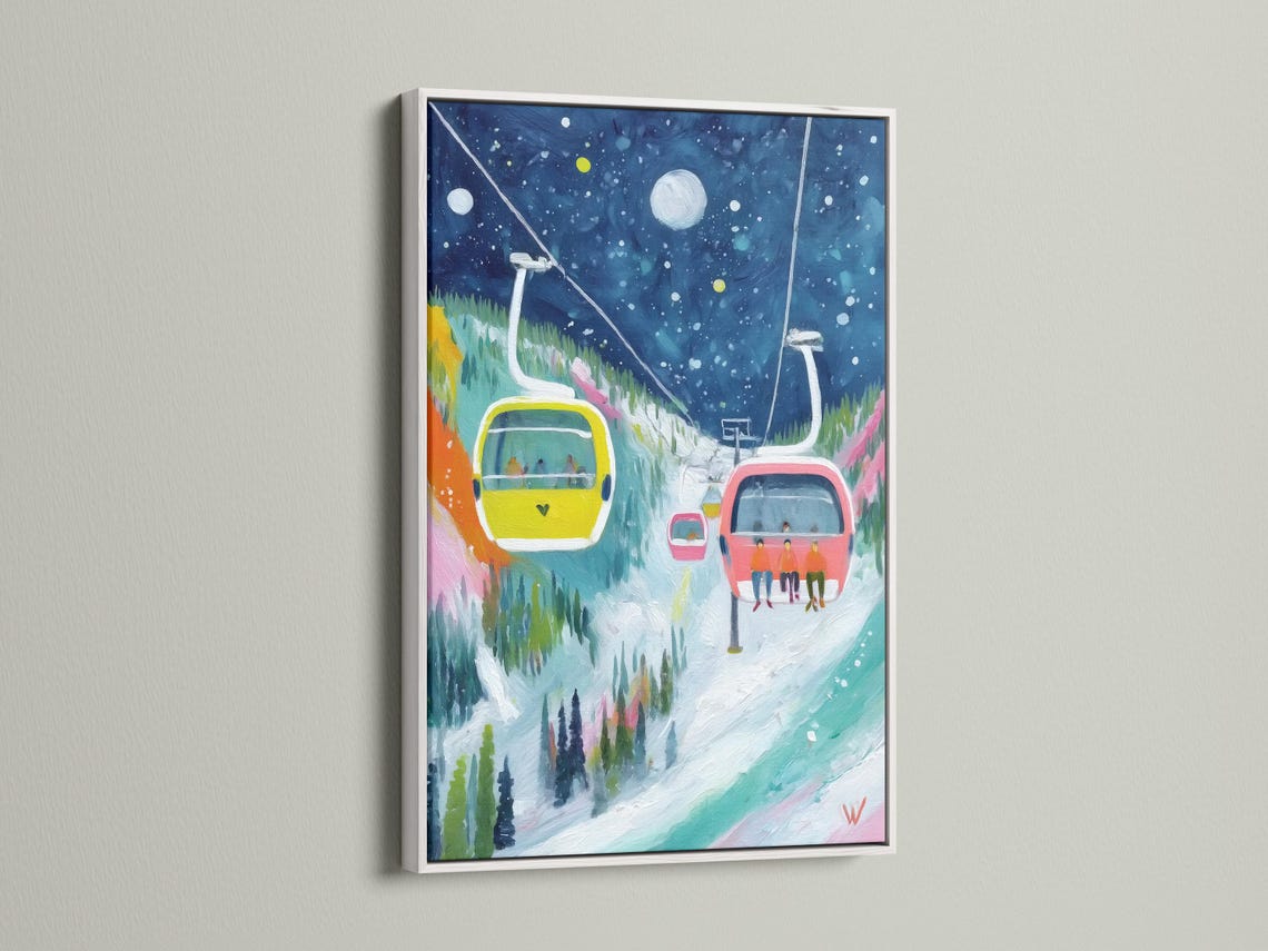 Winter ski lift artwork with gondola and cable cars over snowy slopes and a blue sky detail view