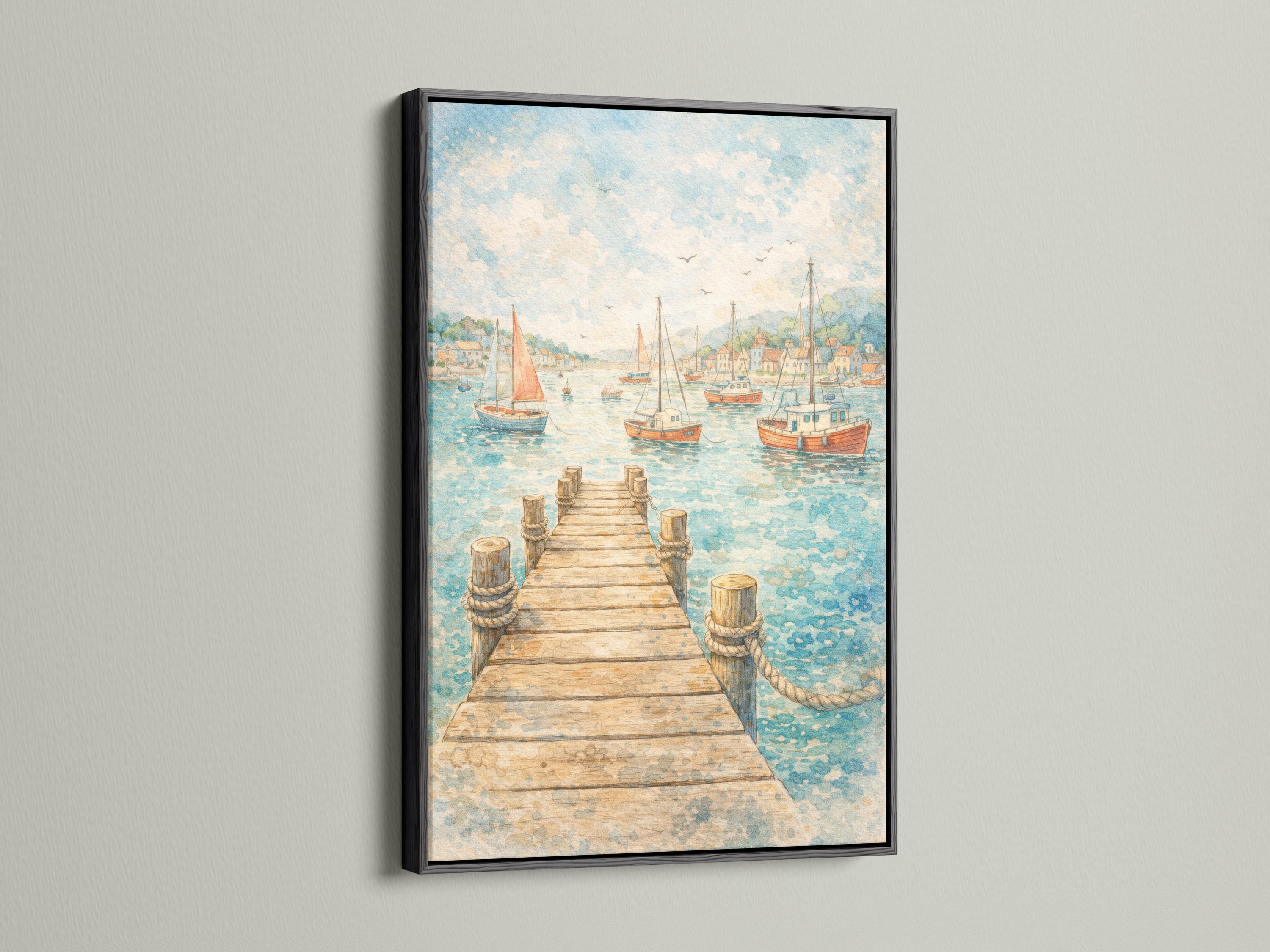 Watercolour-style harbour scene with a pier, sailboats, distant town buildings, and birds in the sky detail view