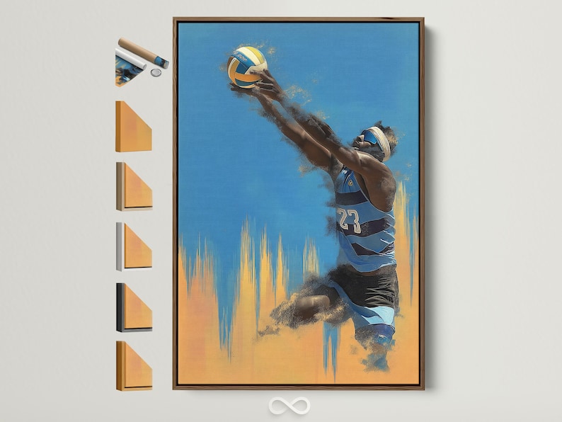 Blue and gold volleyball player action illustration with a visible number 23