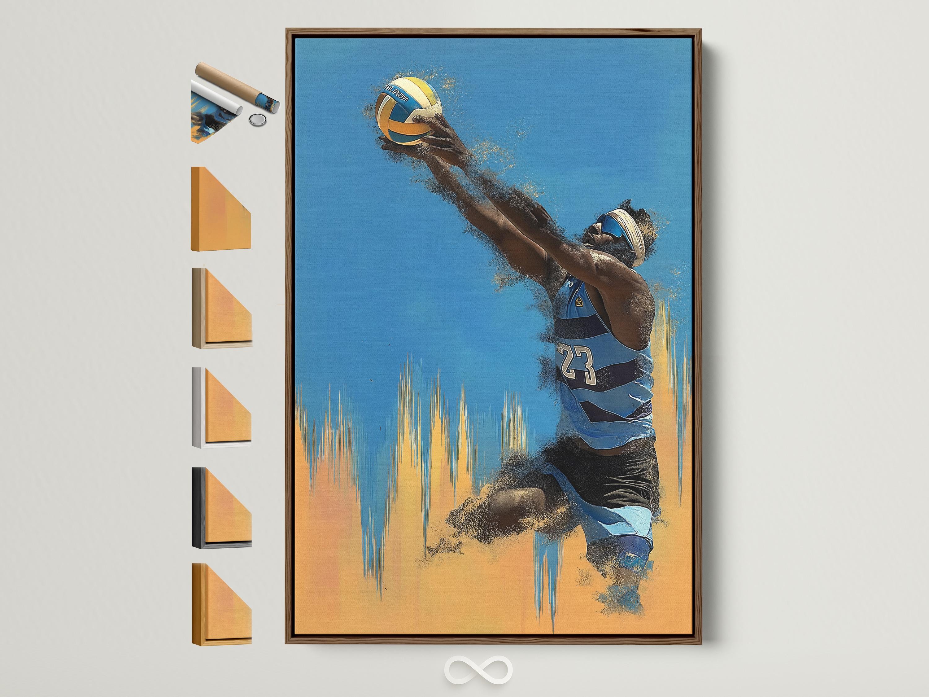 Blue and gold volleyball player action illustration with a visible number 23
