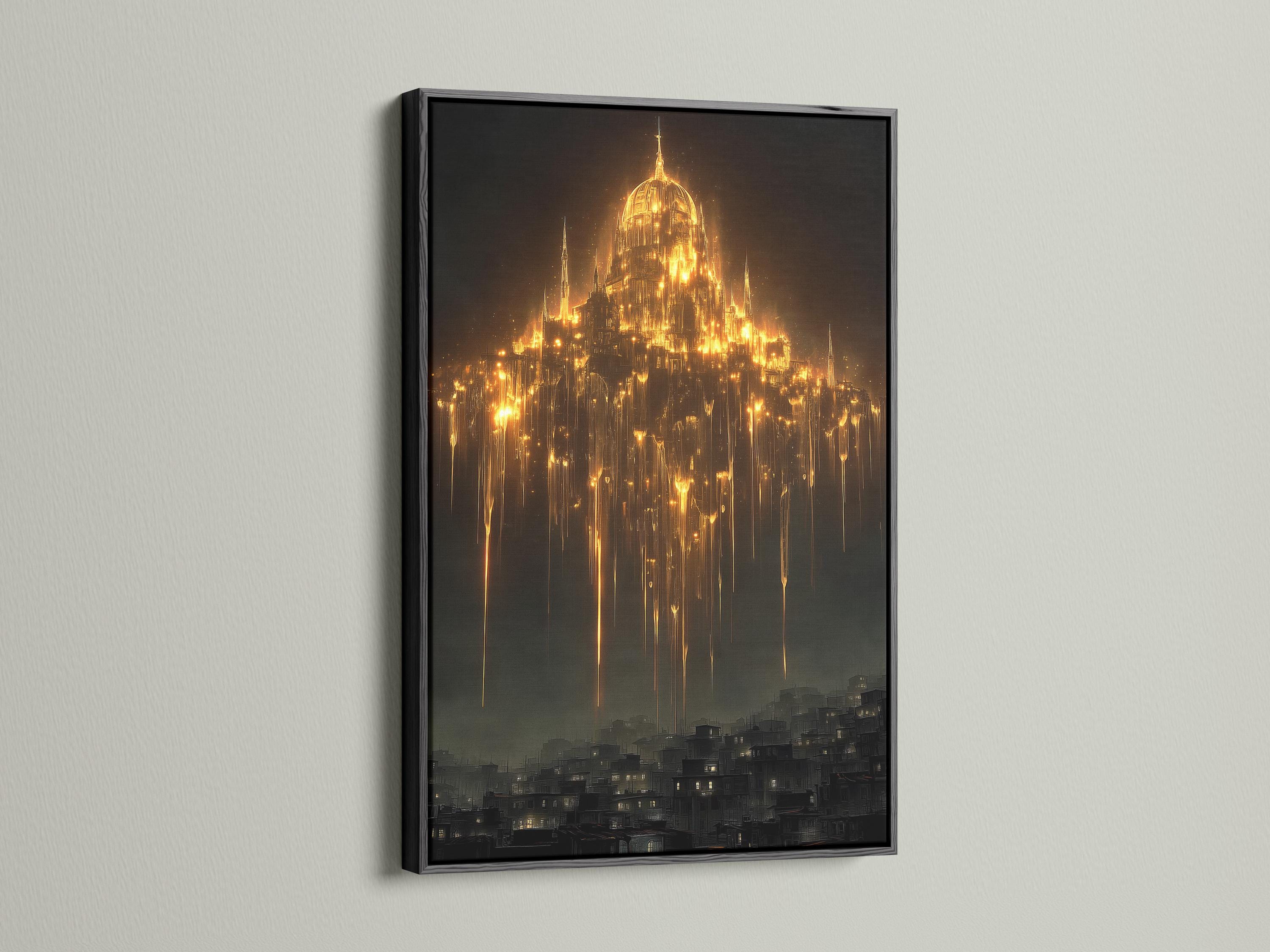 Glowing golden cathedral-like tower above a dark city skyline with cascading light streaks detail view