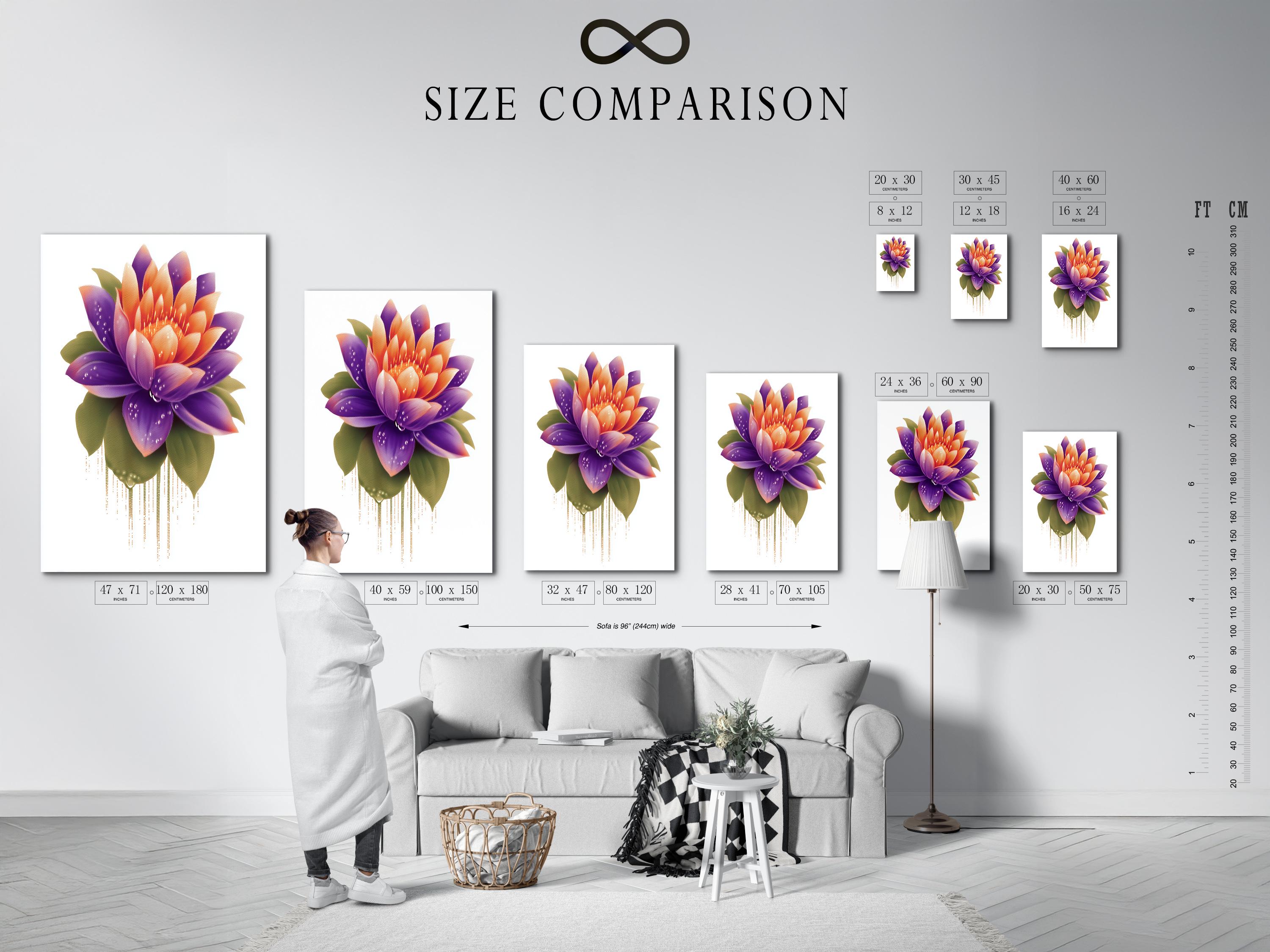 Lotus flower artwork with purple and orange petals and green leaves on a white background detail view