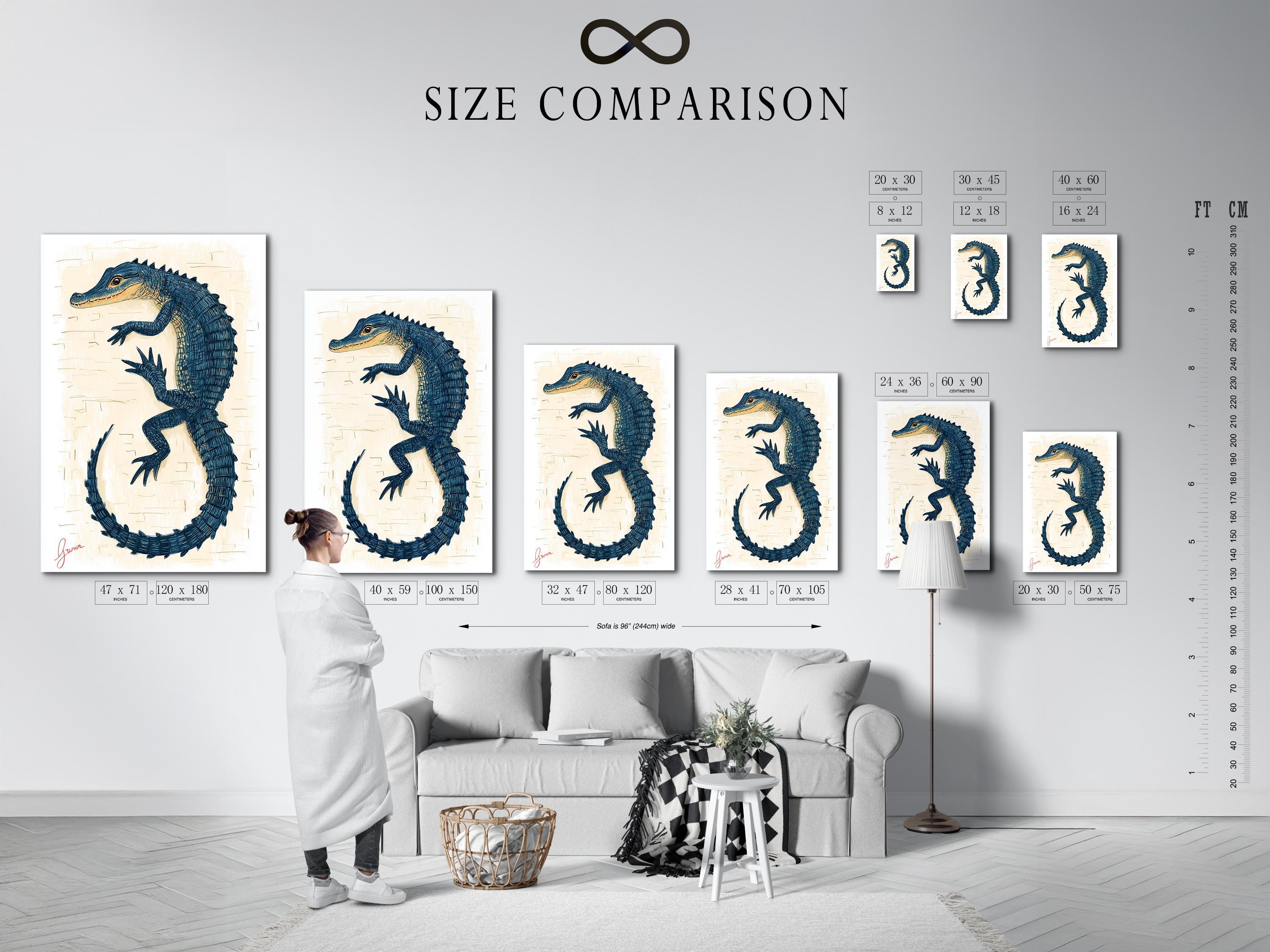 Blue alligator illustration forming a circular loop with scale-like linework on a cream background detail view