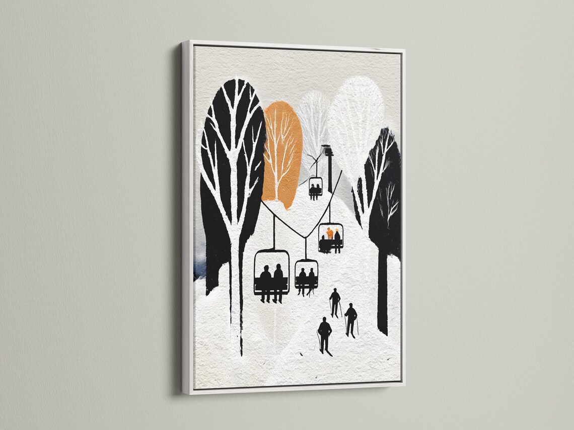 Minimalist winter ski lift scene with black silhouettes, skiers, trees and warm orange circles detail view