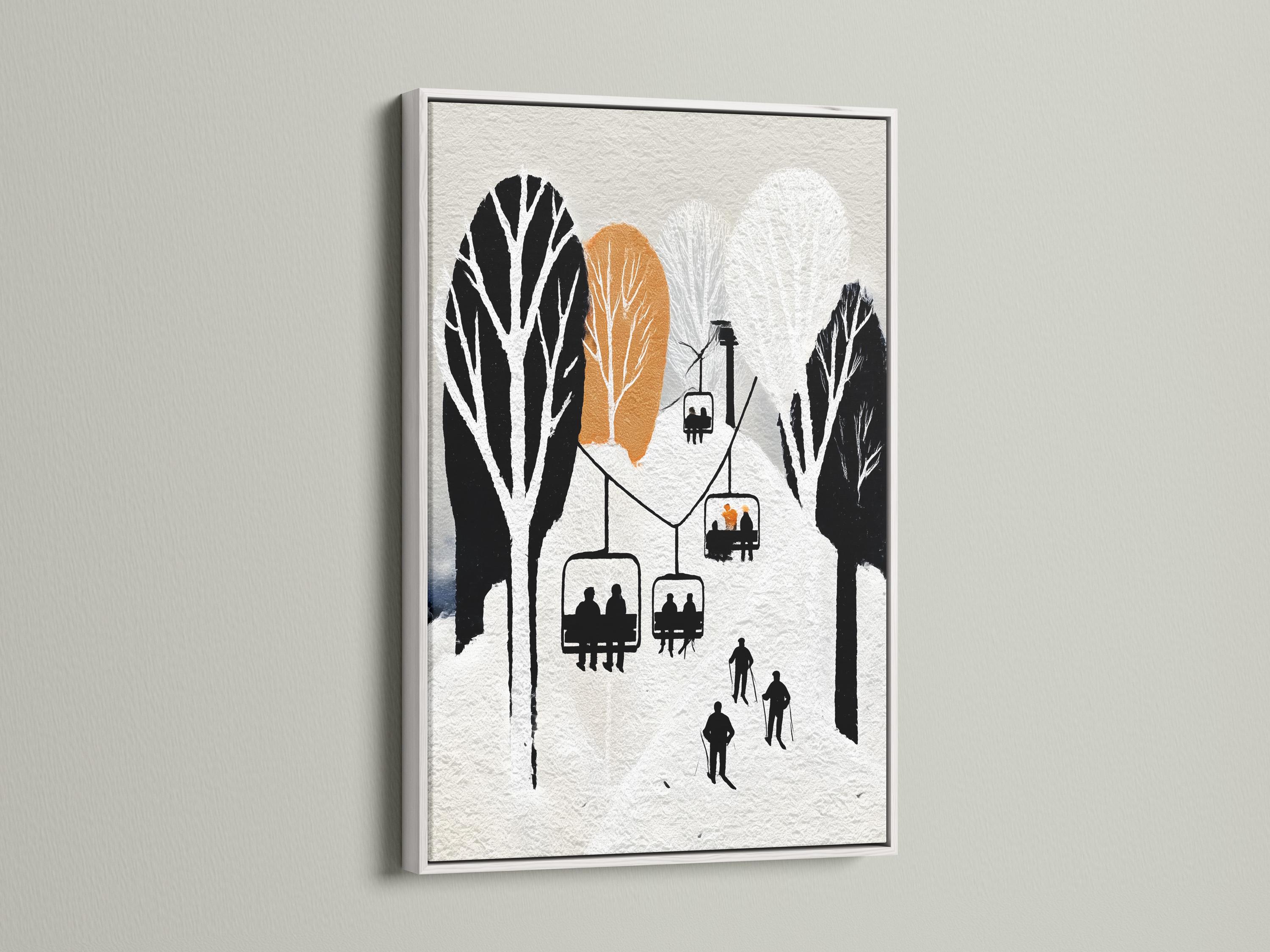 Minimalist winter ski lift scene with black silhouettes, skiers, trees and warm orange circles detail view