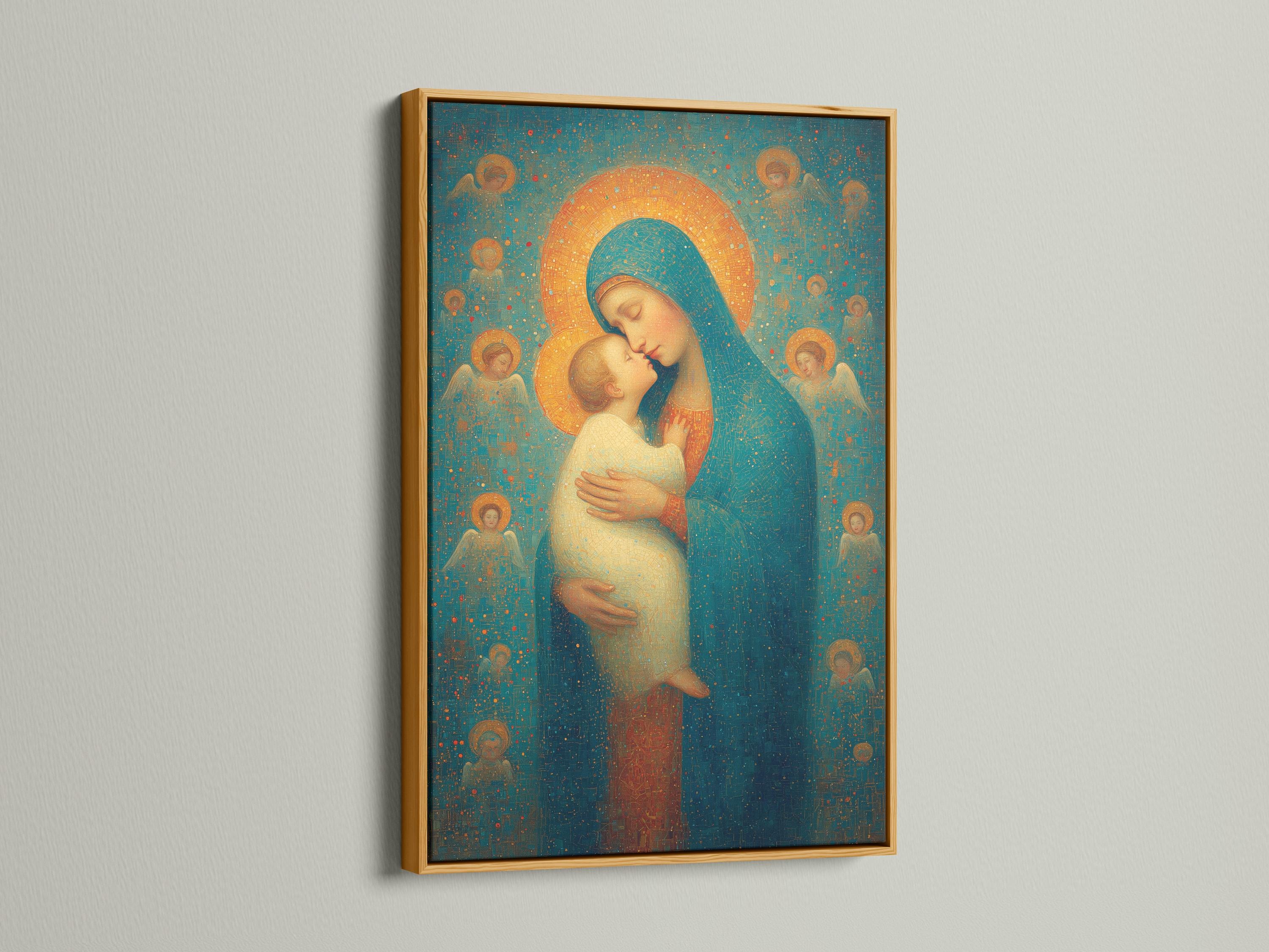 Religious painting of a haloed woman holding a haloed child against a teal and gold speckled background detail view