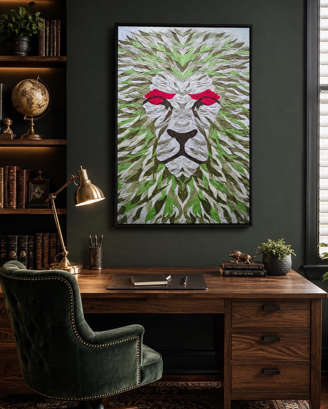 Room mockup showing a large lion artwork with green leaf pattern and red eyes above a bed