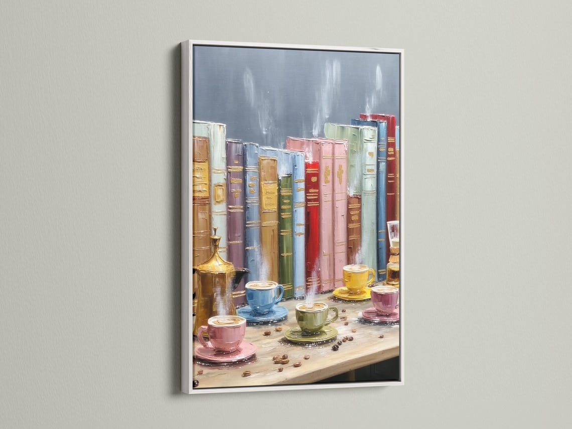 Painterly still life of stacked books and coffee cups with a teapot detail view
