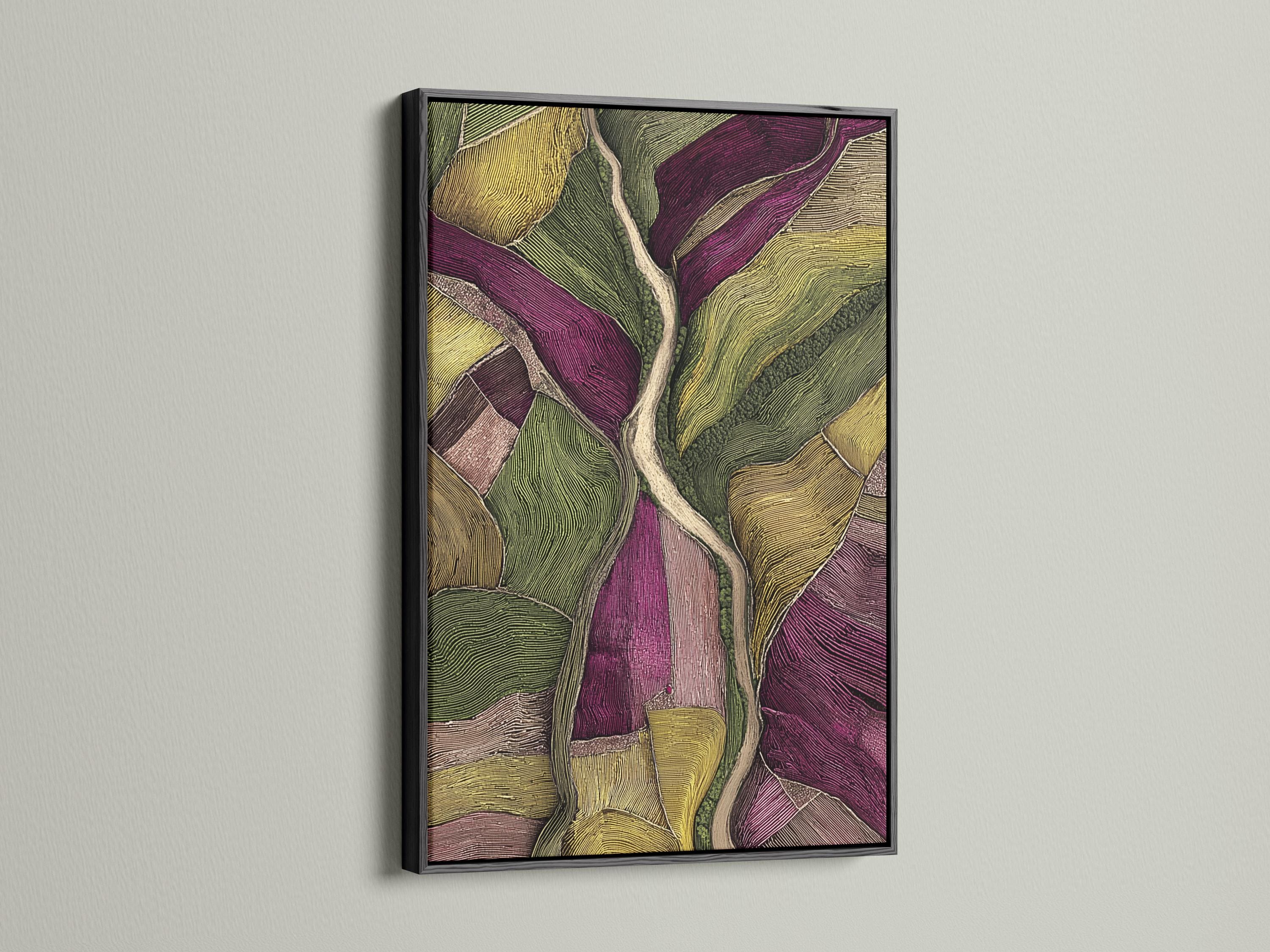Room mockup with a framed abstract landscape artwork in green and plum tones