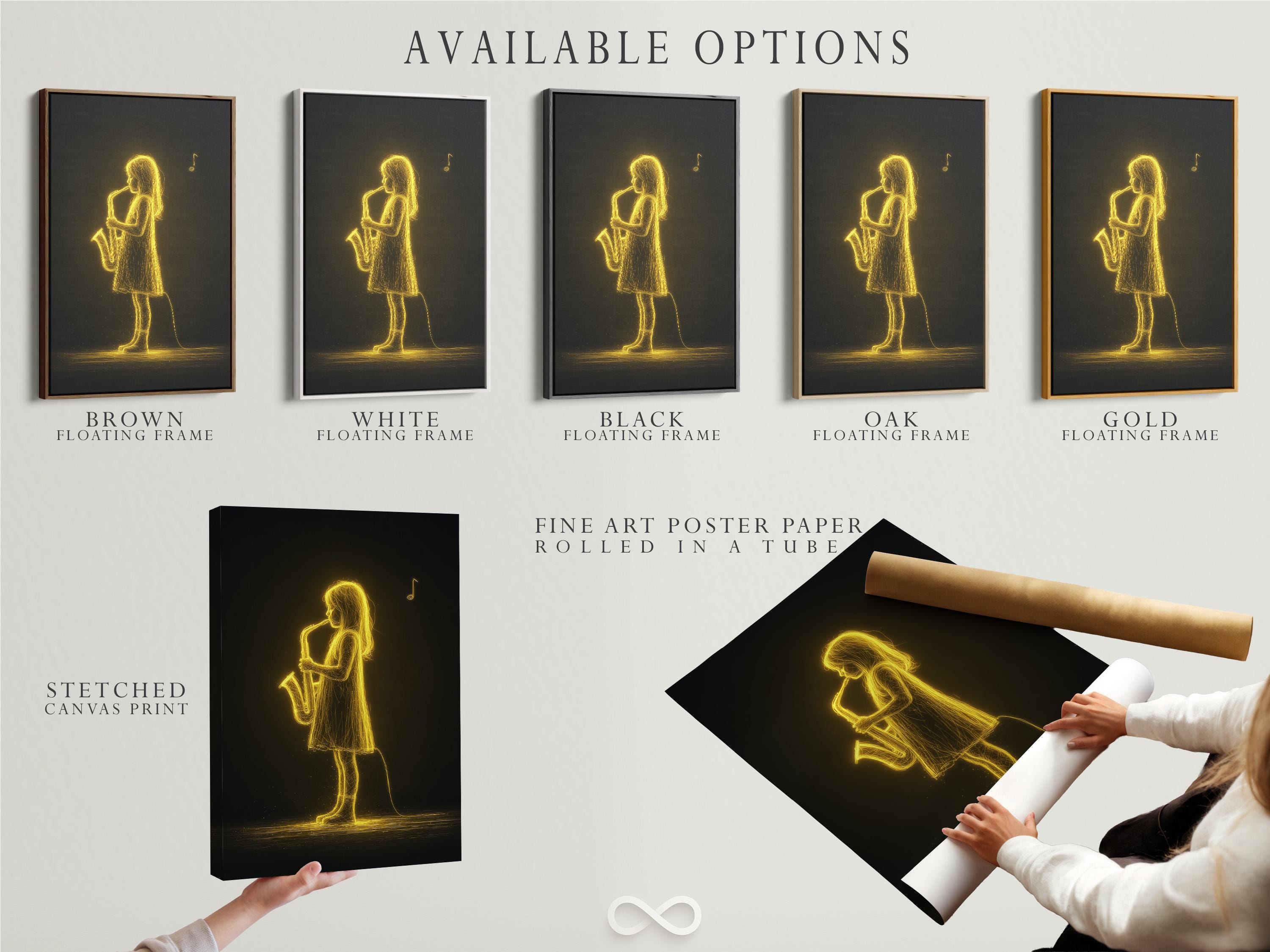 Neon gold line drawing of a saxophone player musician against a dark background with a floating music note detail view