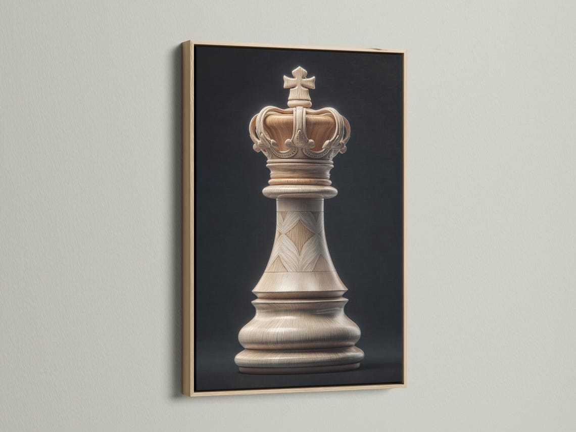 Portrait artwork of a pale wood-textured chess king on a dark charcoal background detail view