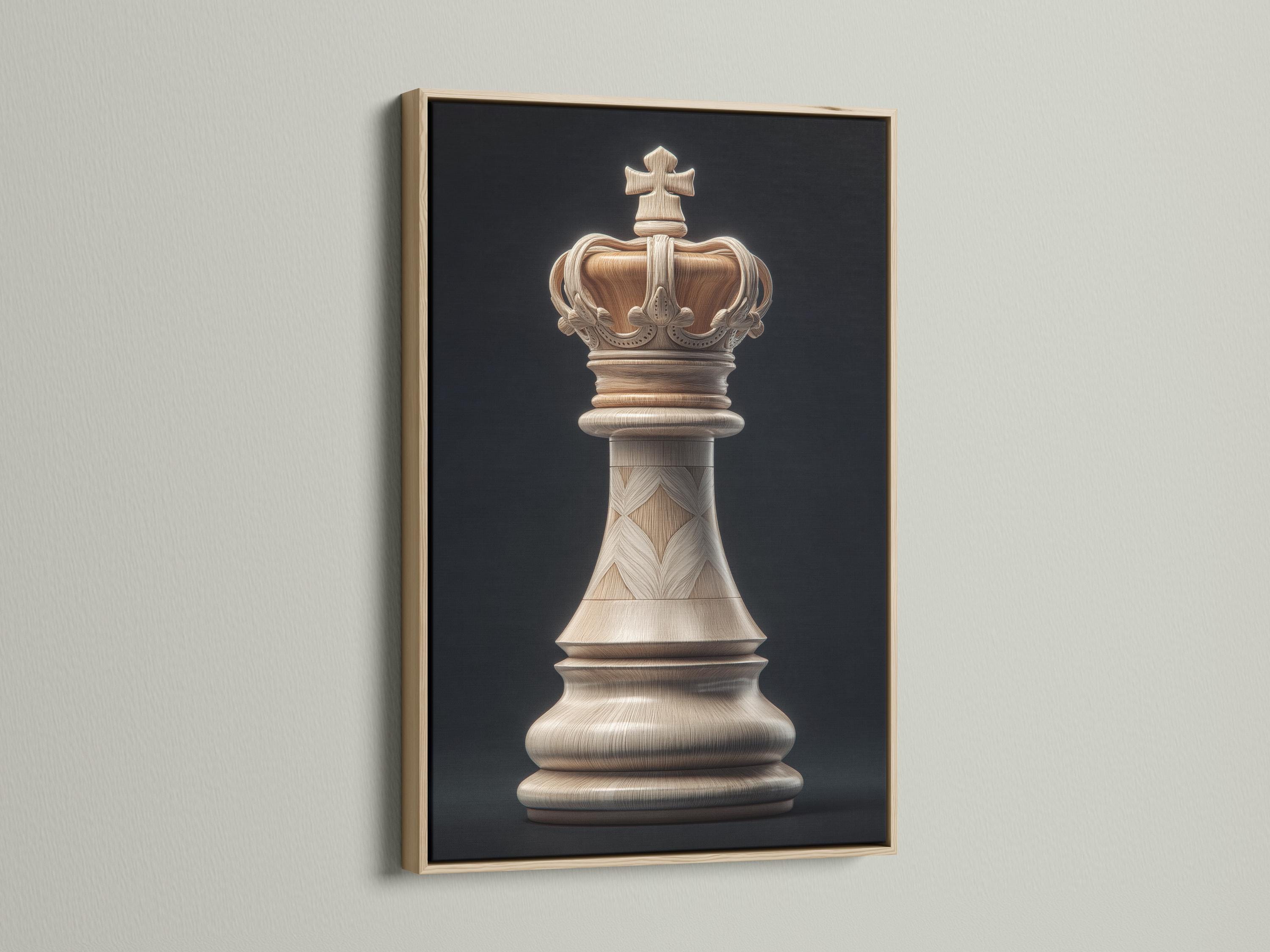 Portrait artwork of a pale wood-textured chess king on a dark charcoal background detail view