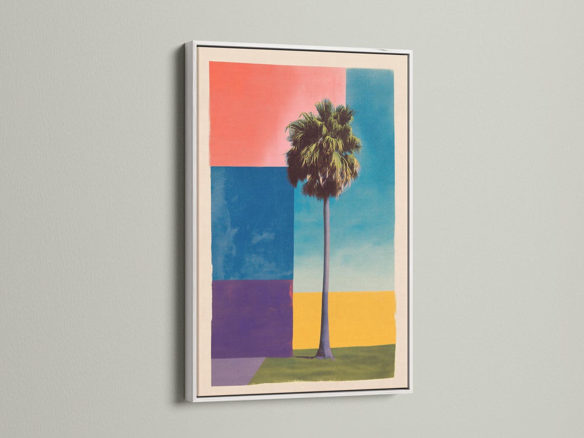 Retro geometric palm tree artwork with coral sky and turquoise blue blocks detail view