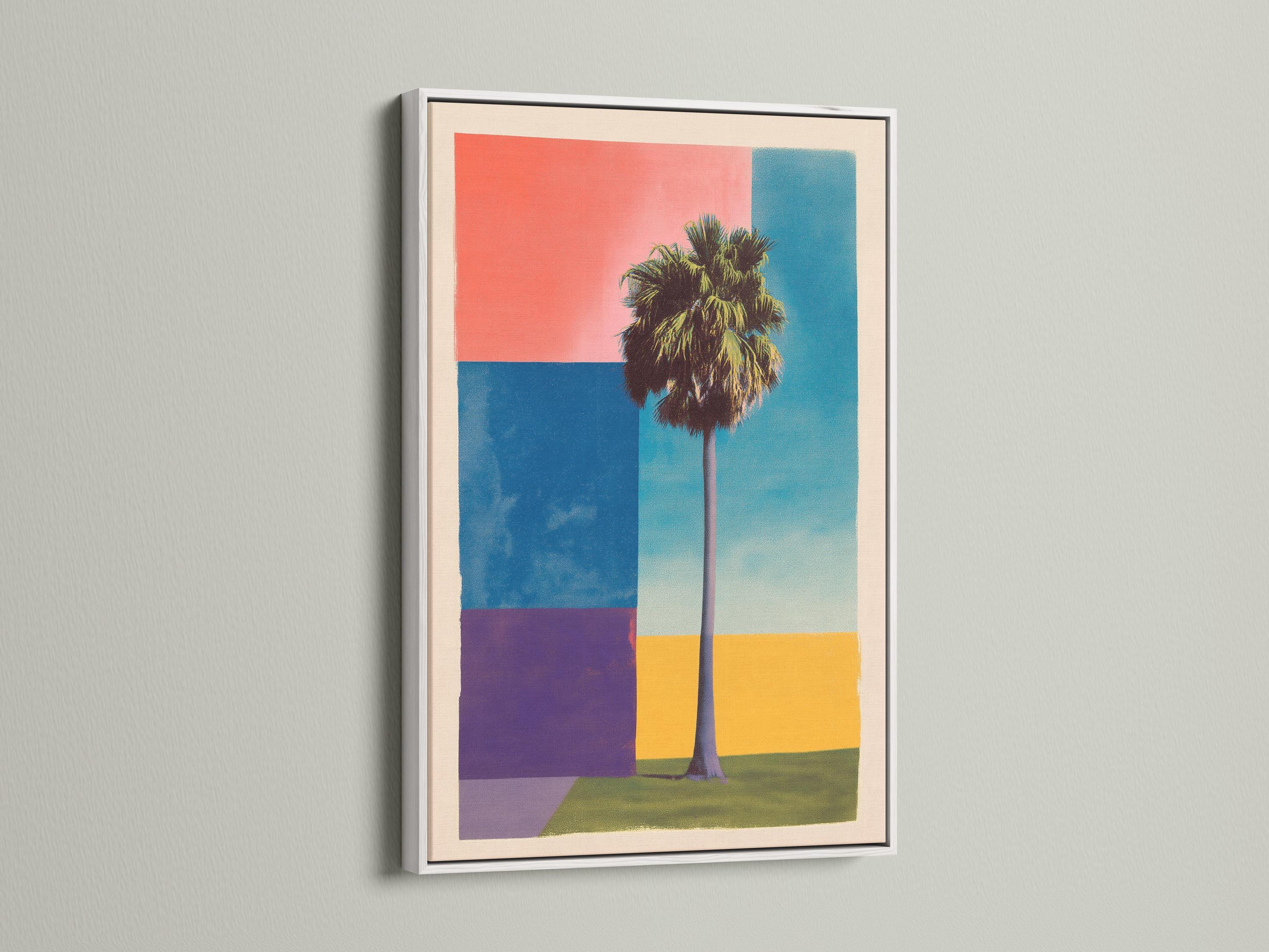 Retro geometric palm tree artwork with coral sky and turquoise blue blocks detail view