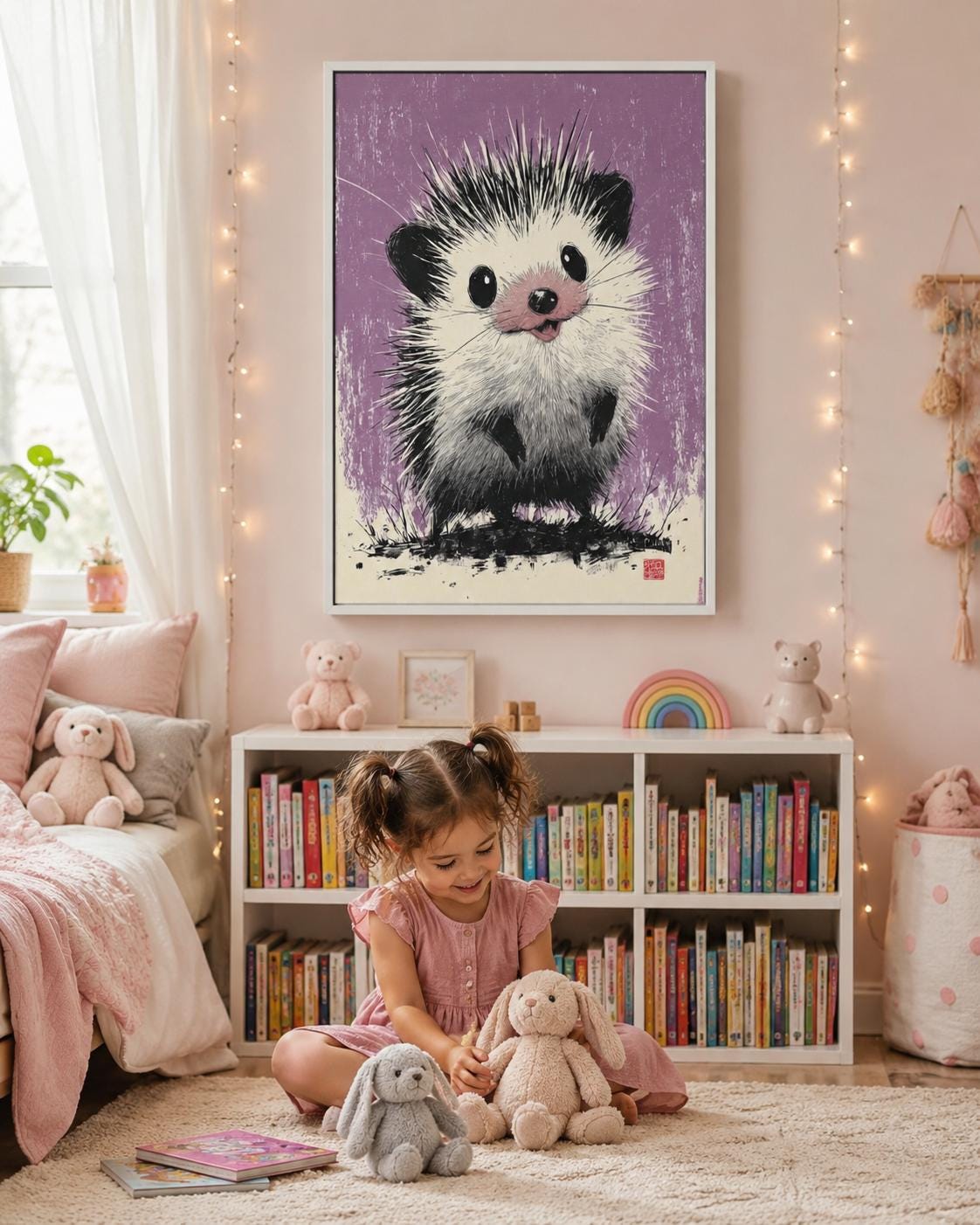 Hedgehog illustration in black and white on a textured lilac-purple background detail view