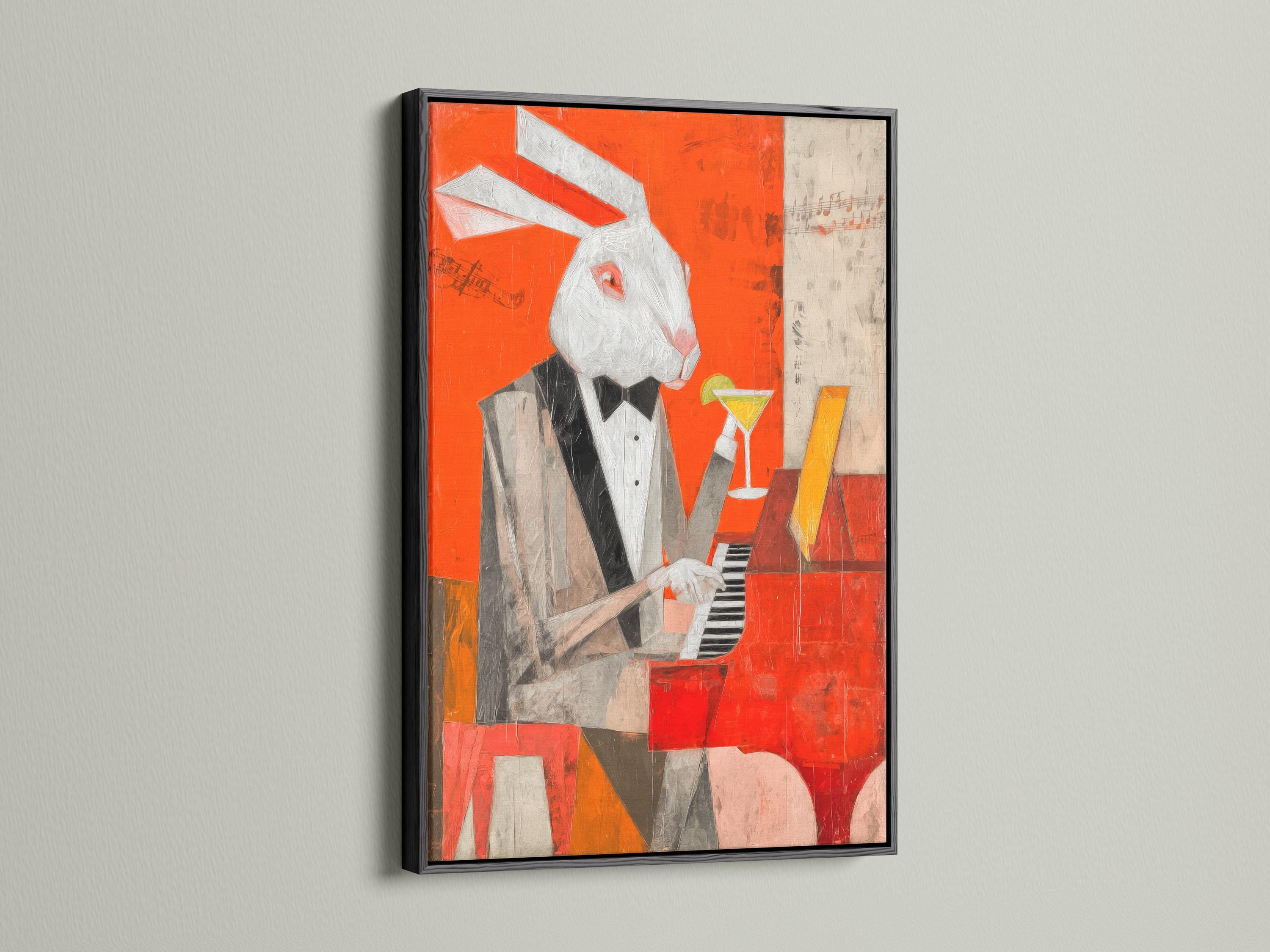 Orange artwork of a rabbit pianist holding a martini beside a piano with music notes detail view