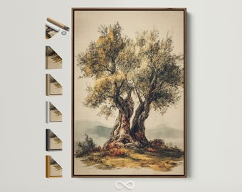 Olive Tree Canvas Art - Vintage Style Wall Decor, Neutral Botanical Print, Farmhouse Artwork for Living Room, Mediterranean Decor