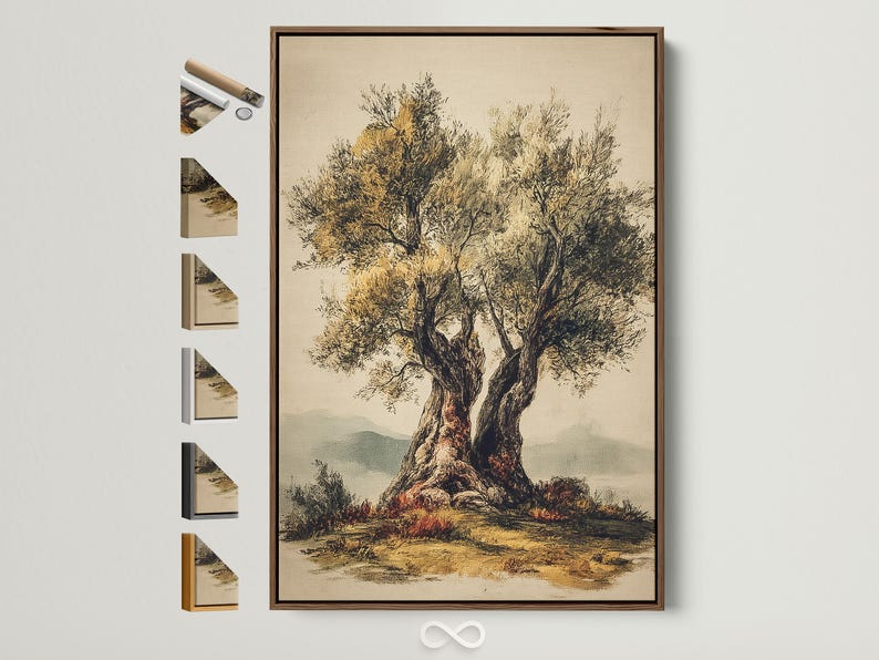 Vintage botanical tree illustration with a dark trunk, golden foliage and soft reflections
