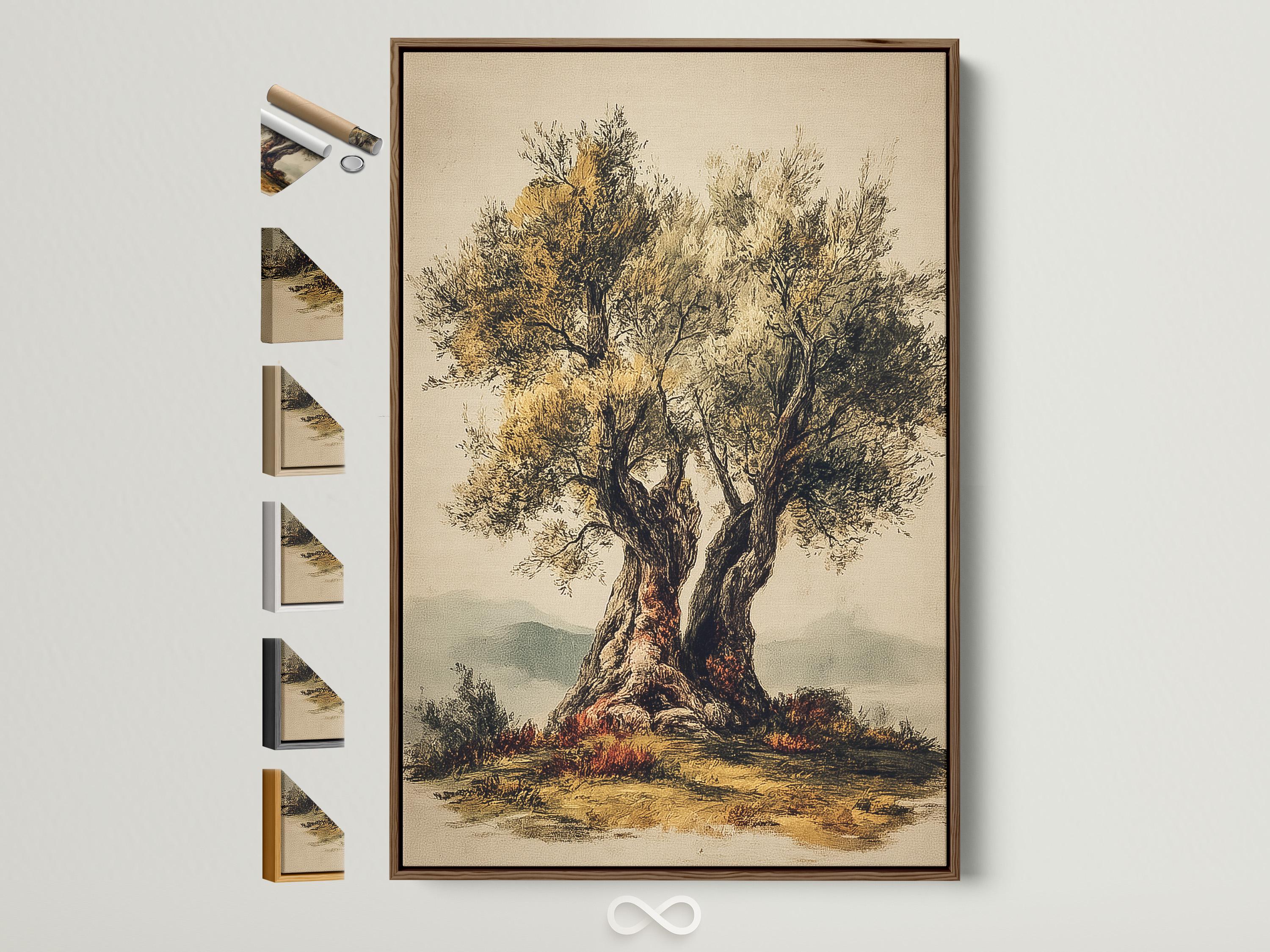 Vintage botanical tree illustration with a dark trunk, golden foliage and soft reflections