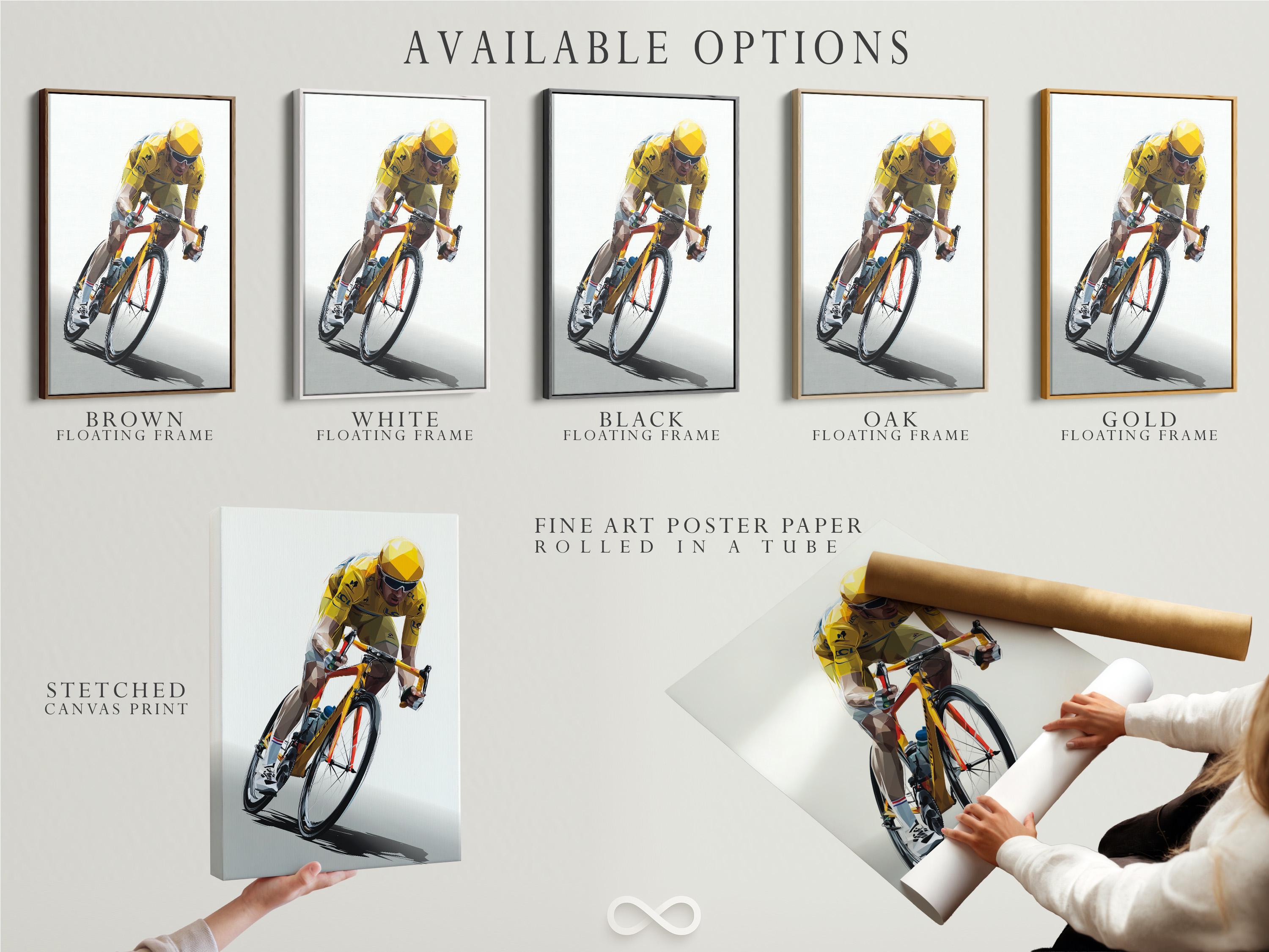 Wall mockup with a framed geometric cyclist artwork in yellow and black