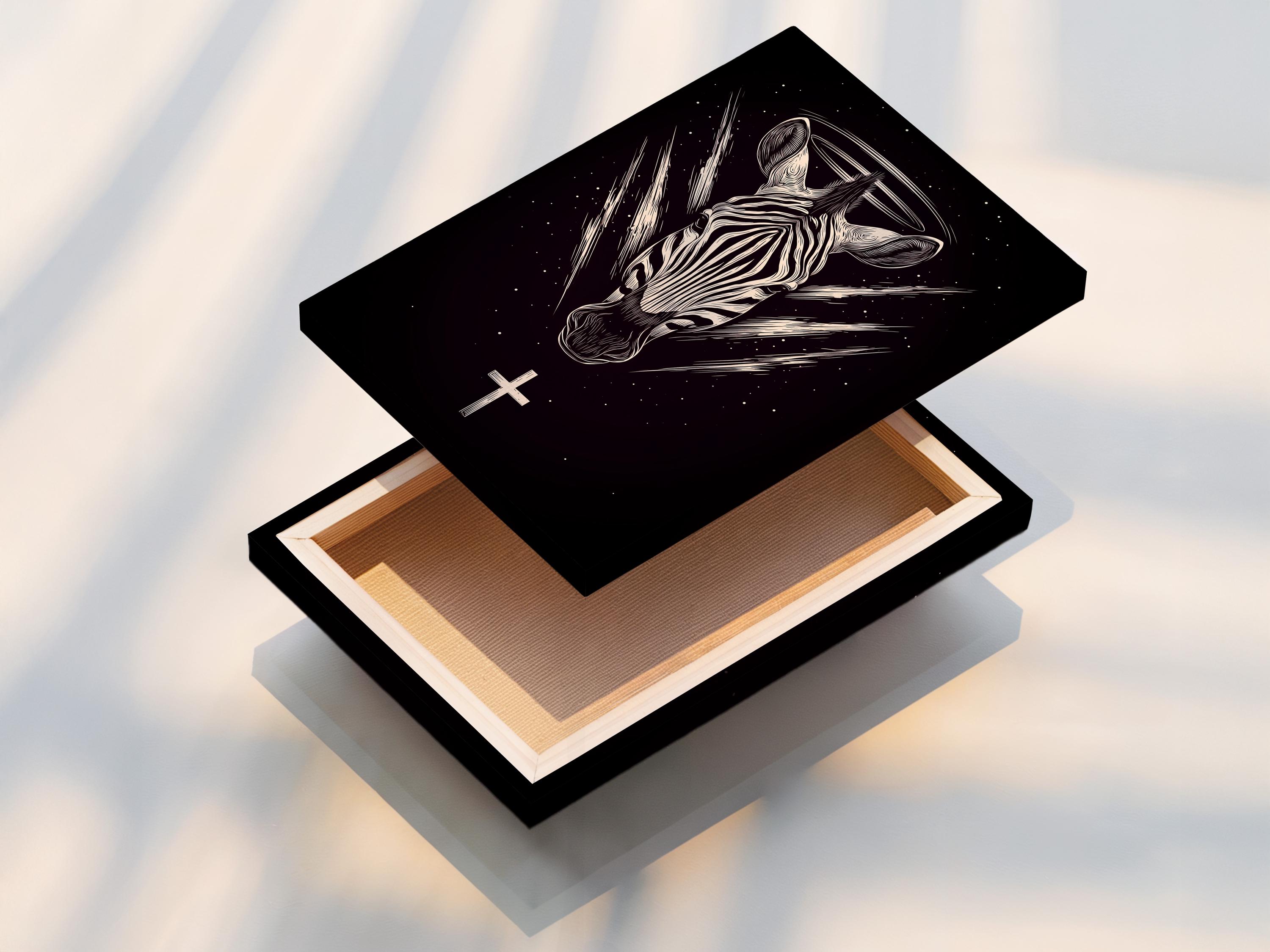 Stylised zebra head in off-white linework on a dark starry background with a halo ring and cross detail view