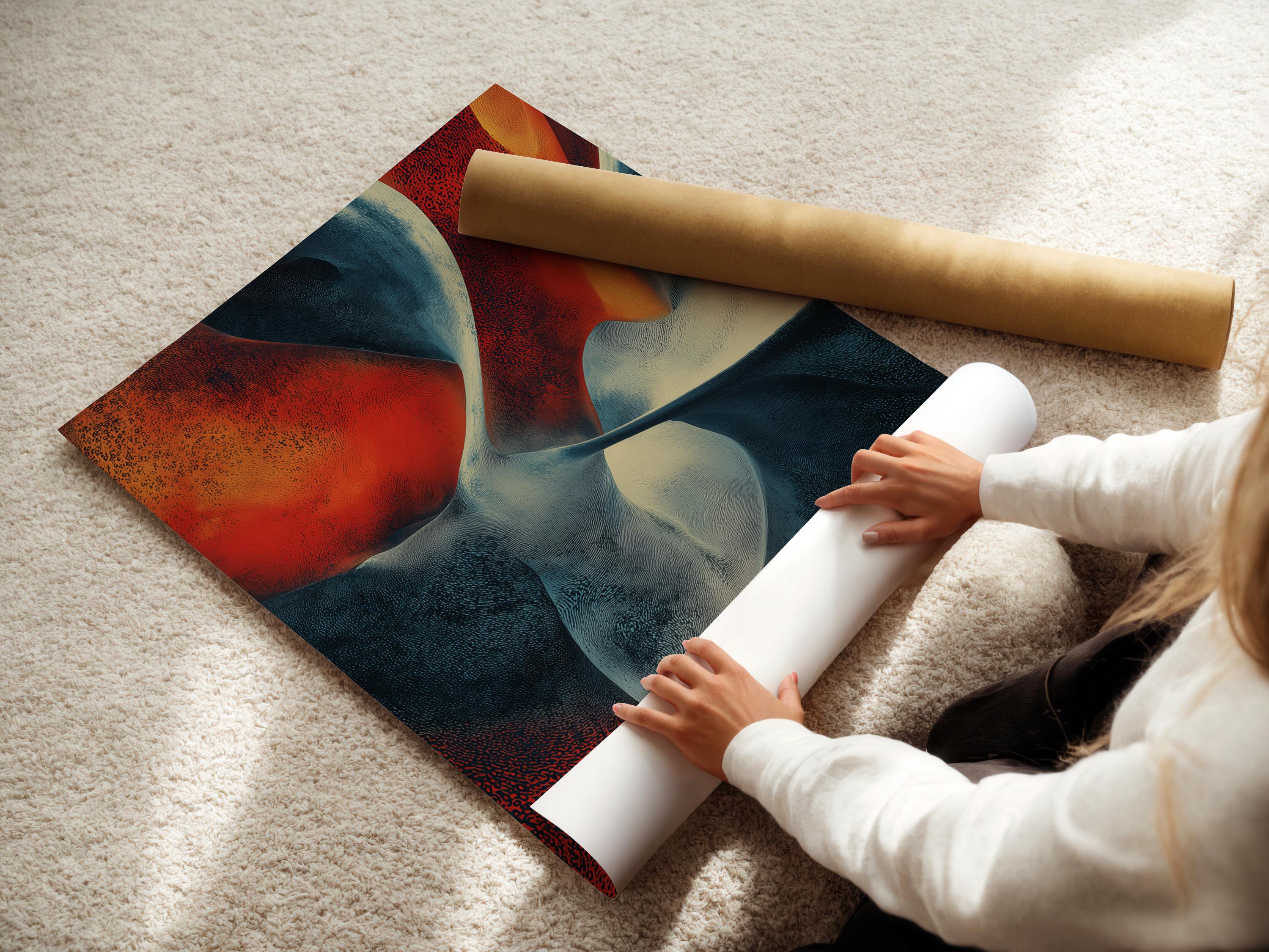 Abstract fluid artwork with terracotta and navy blue curved ribbons and pale cream highlights detail view
