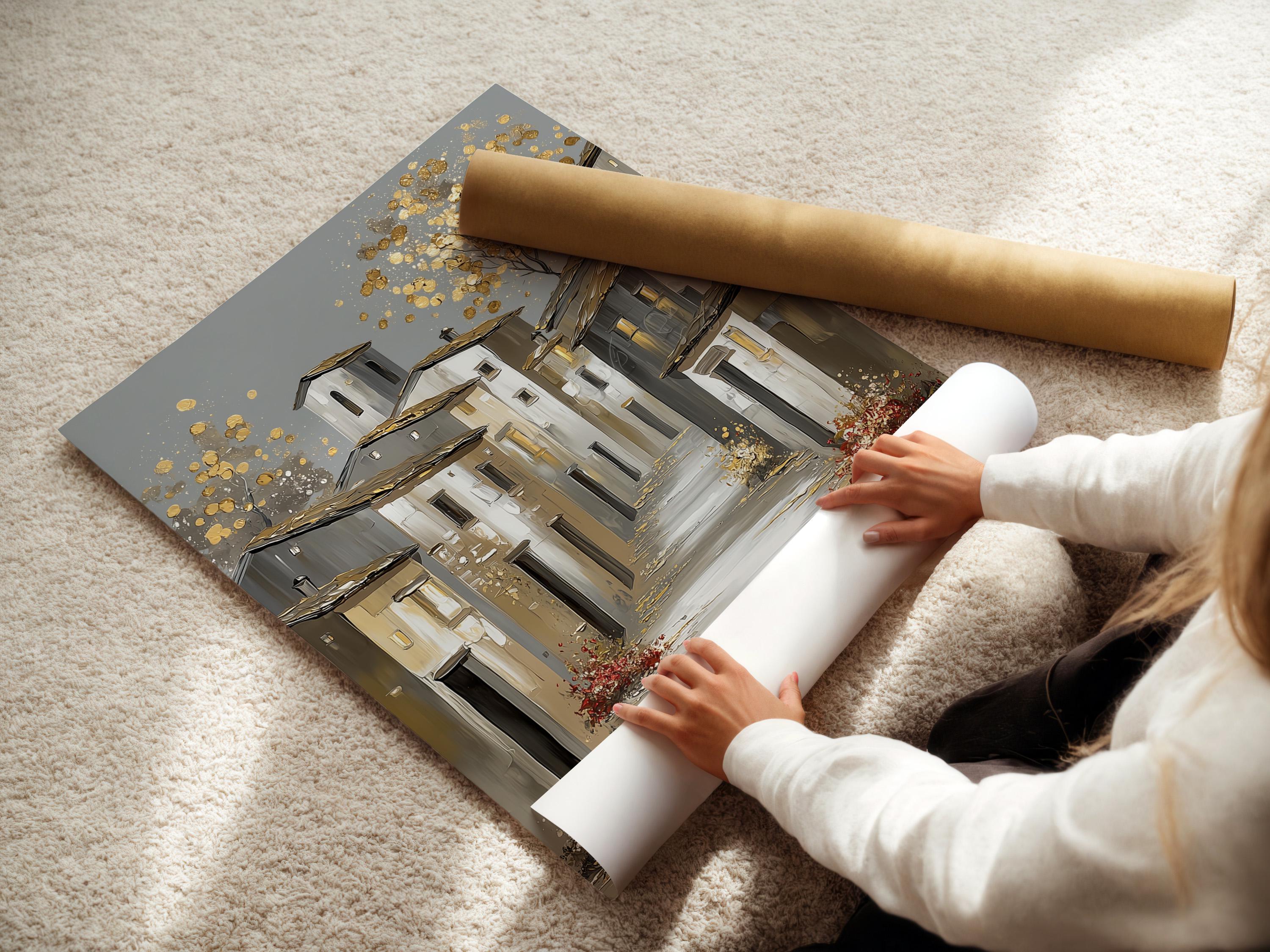 Gold sparkle European village street illustration with white buildings and grey roofs detail view