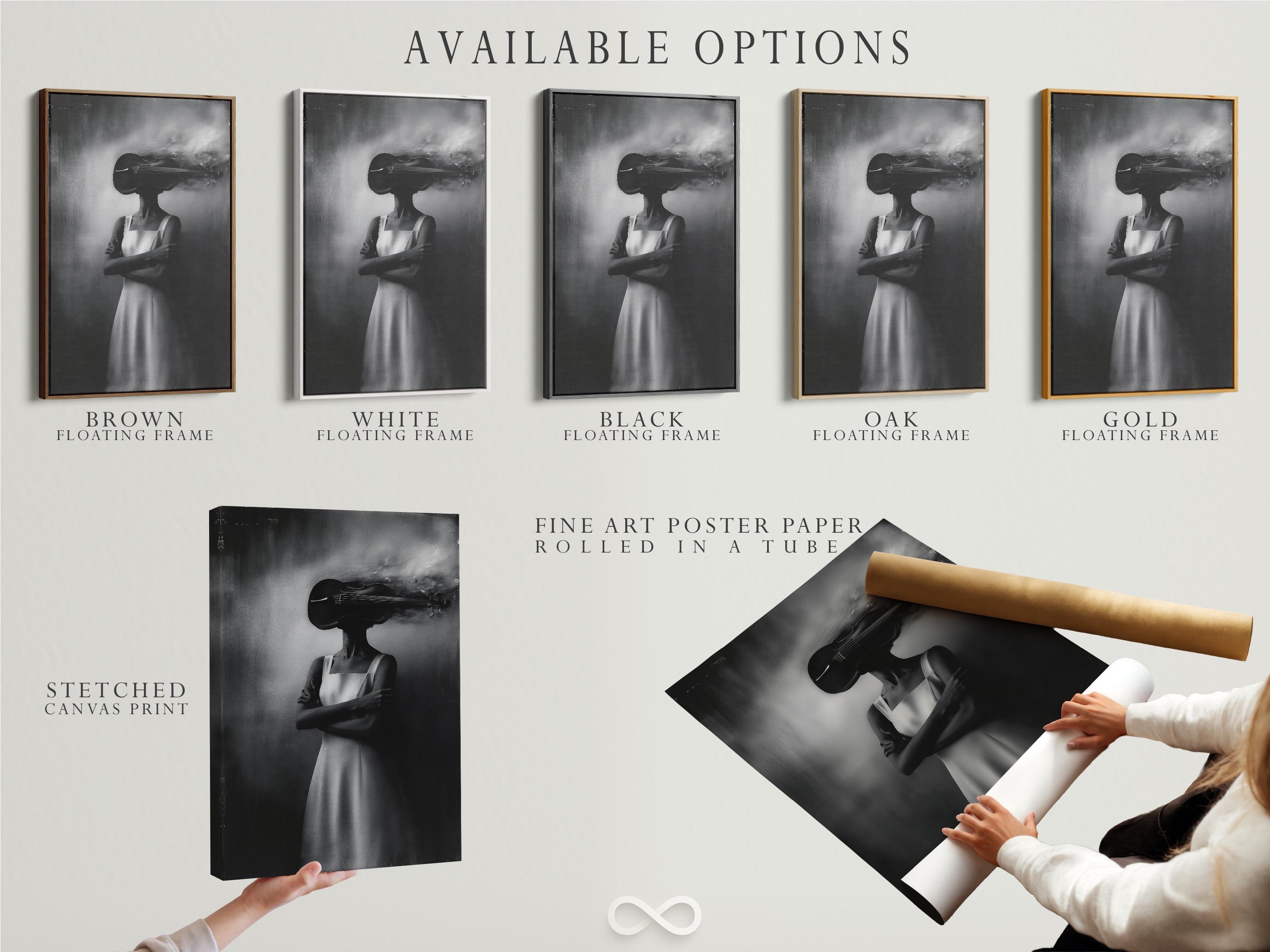 Monochrome double-exposure portrait of a woman holding a violin detail view