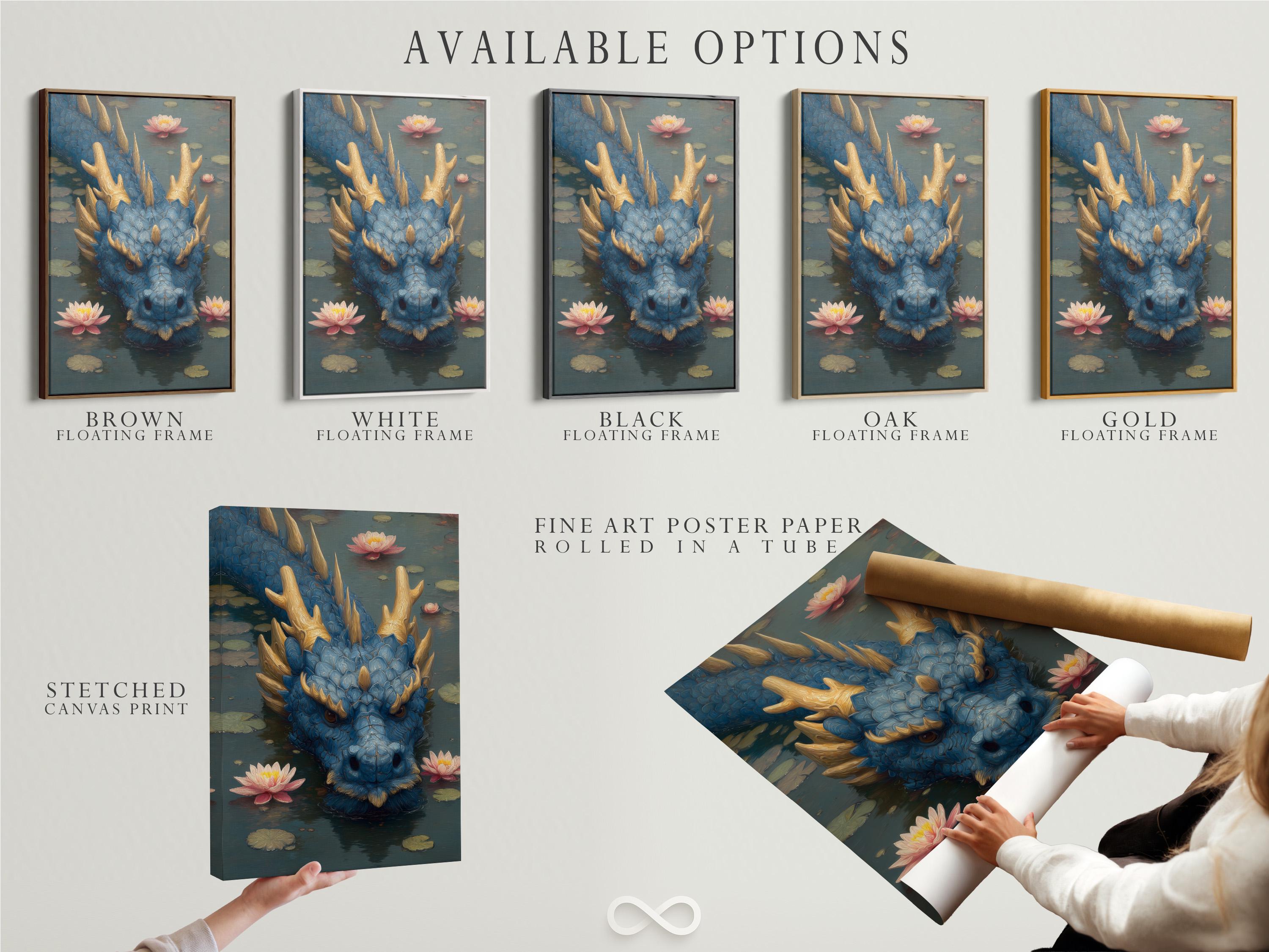 Blue dragon head emerging from dark water with pink lotus flowers and gold horns detail view