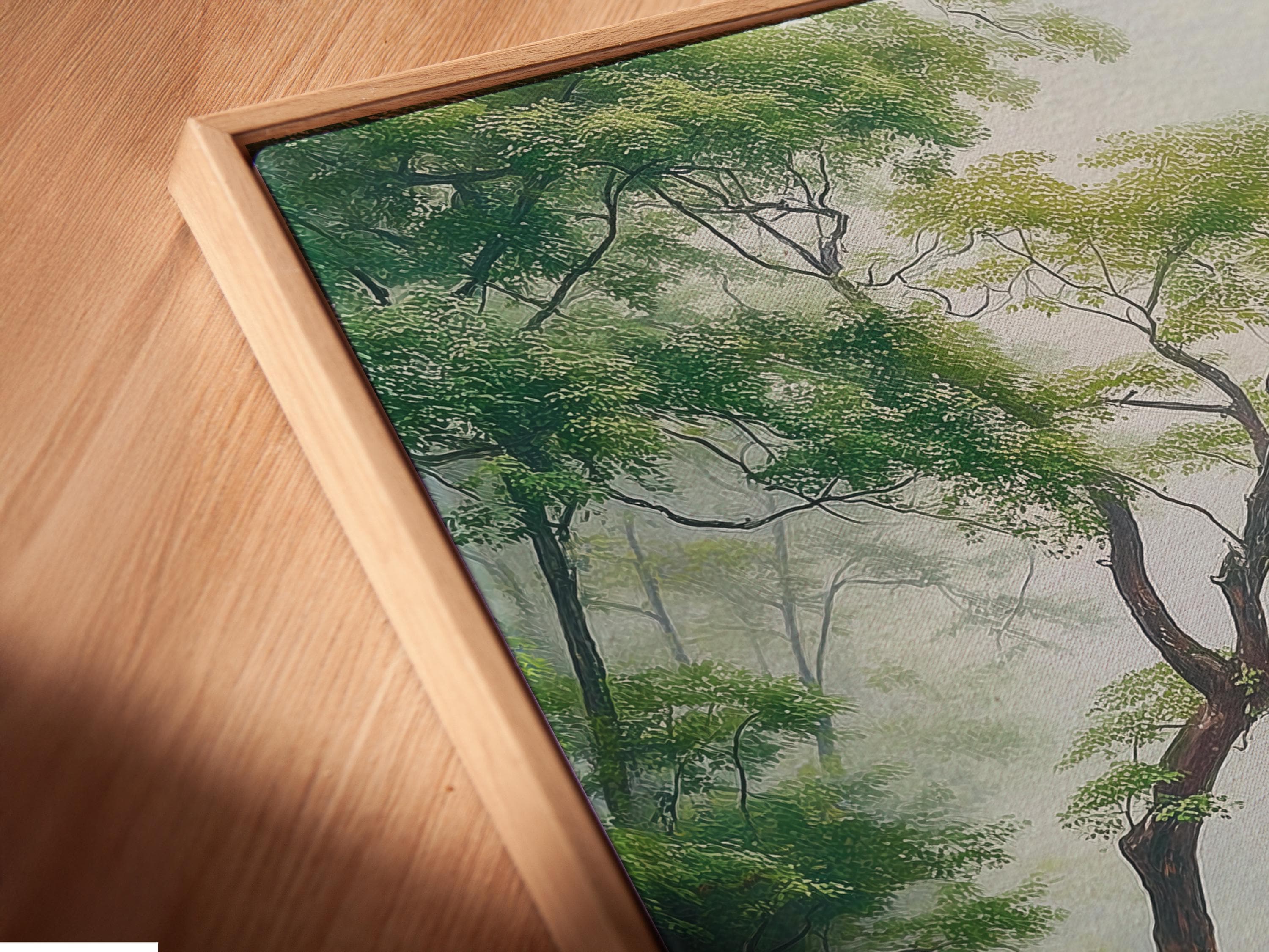 Misty forest waterfall scene with a leaning tree and a calm blue-green pool detail view