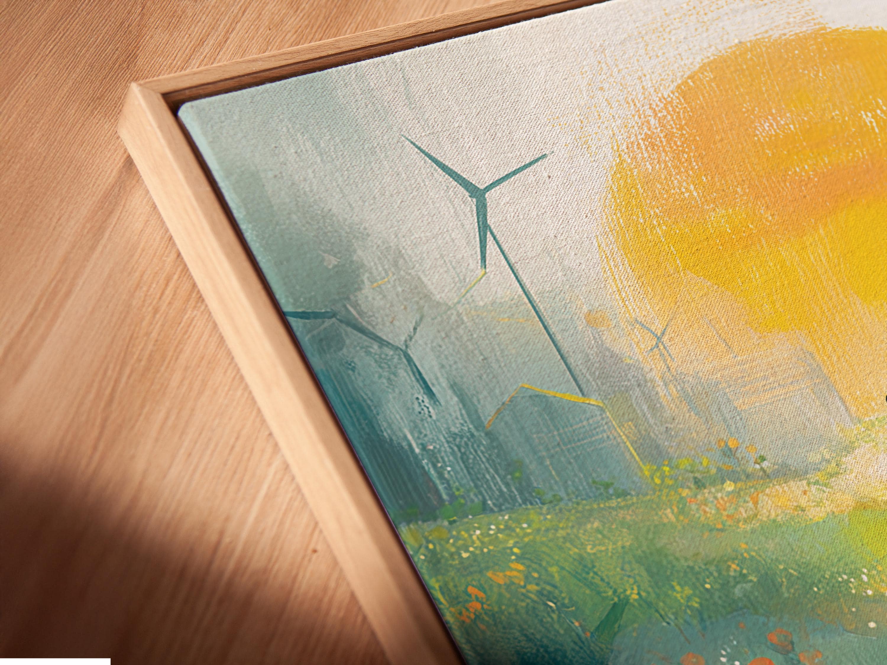 Painterly green landscape with people walking along a path toward a glowing sun and wind turbines detail view