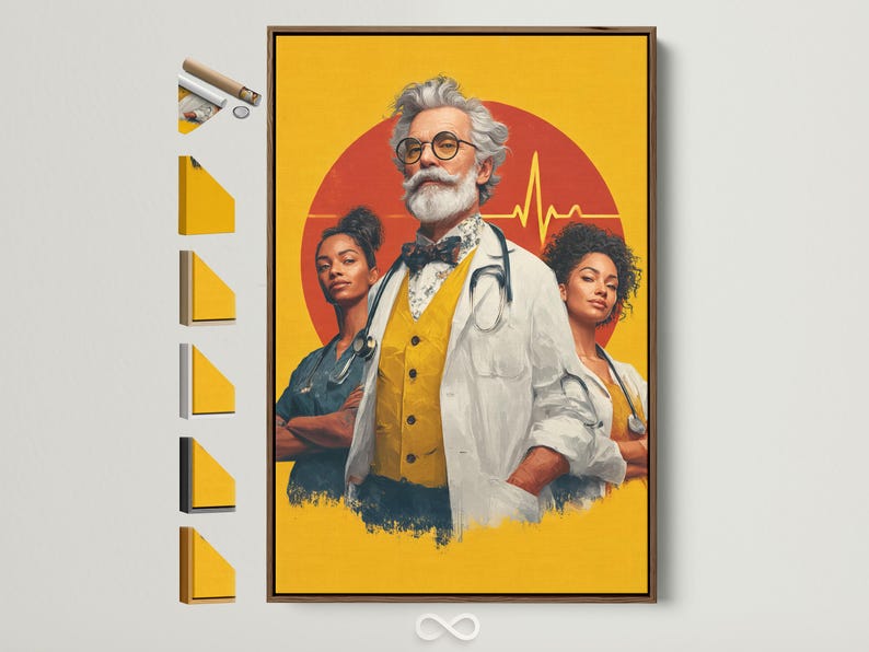 Stylised doctor and two nurses portrait on a mustard-yellow background with red circle and heart-rate line