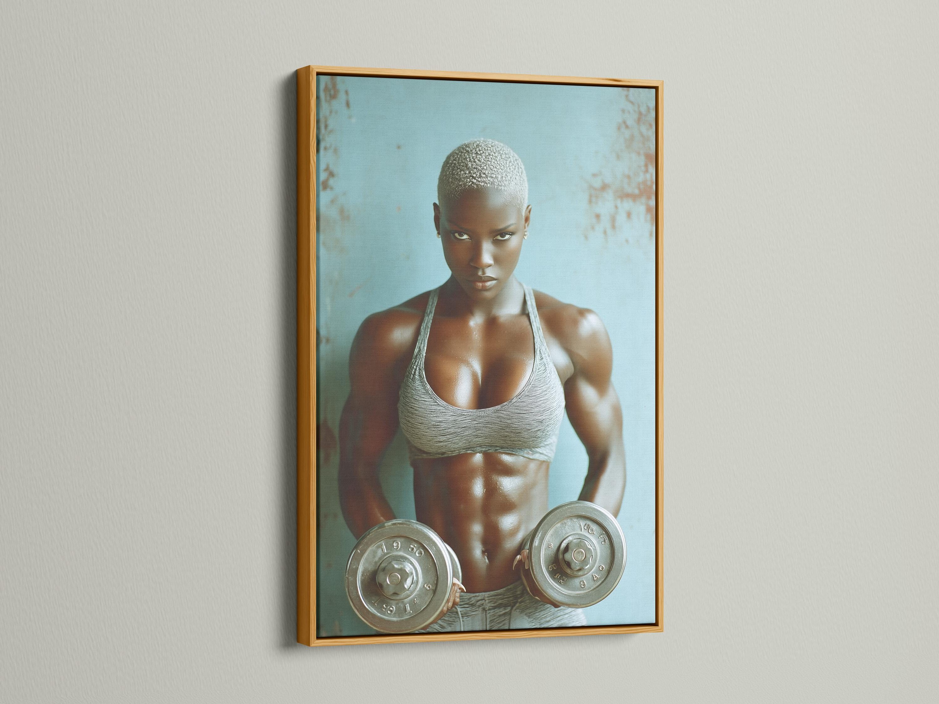 Room mockup showing a framed teal fitness portrait of an athletic woman holding weight plates