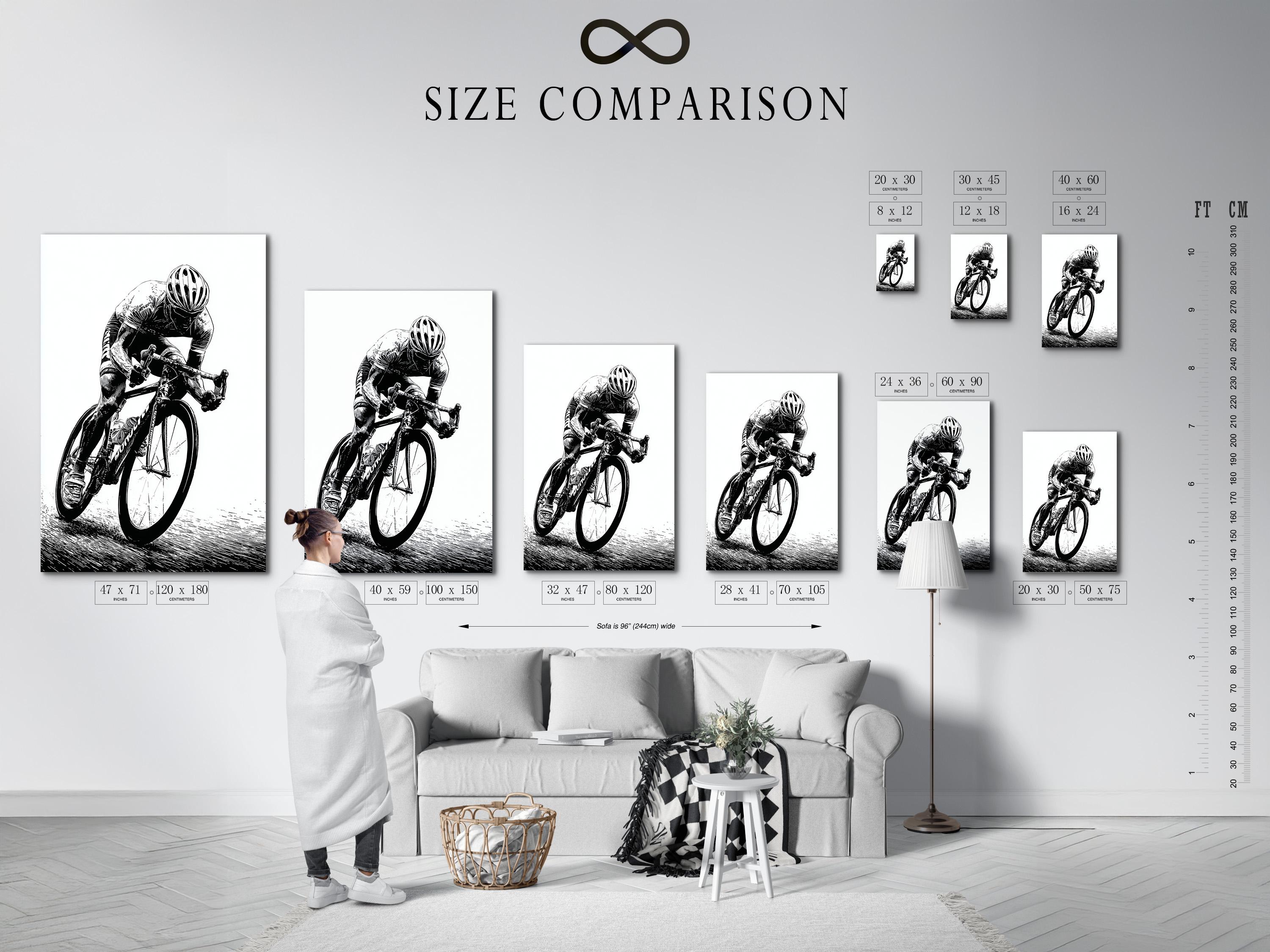 Room mockup showing a framed black and white cyclist illustration on a wall